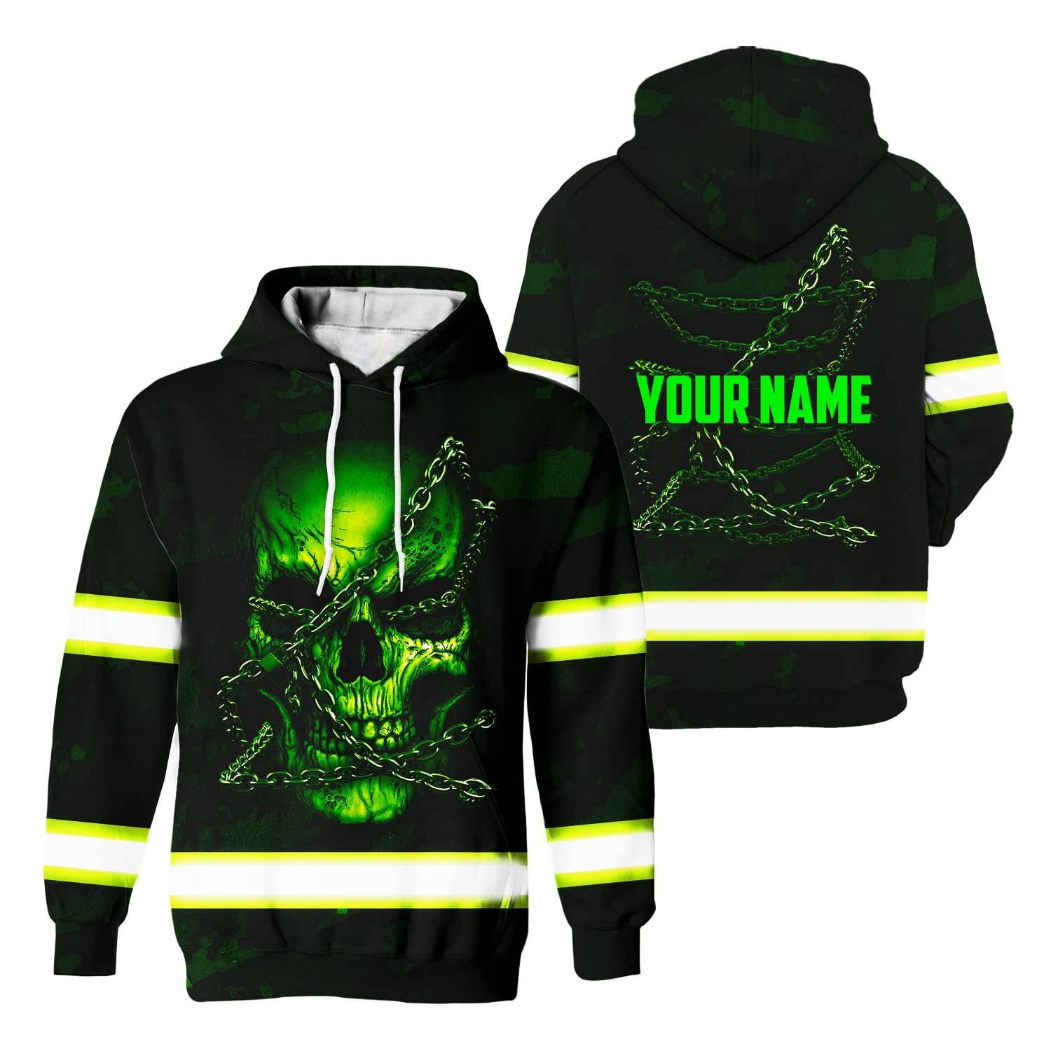 Maddly Hi Vis Hoodie Reflective Green Neon Skull with Chain Custom Name Safety Workwear for Workers, Runners, Cyclists-XL