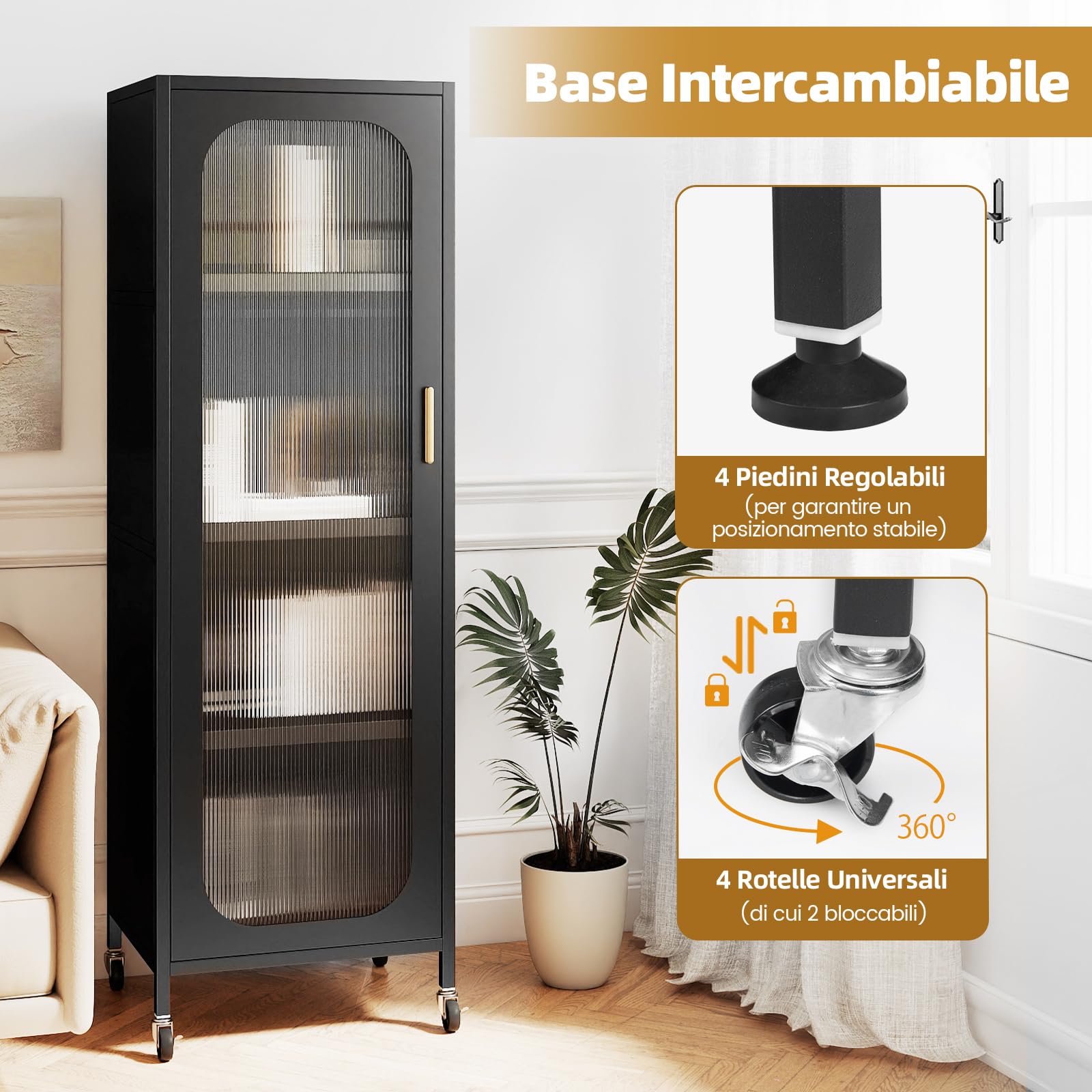 COSTWAY Mobile da Cucina in Metallo a 5 Ripiani, Credenza Salvaspazio con Mensole Regolabili 4 Ruote, Base Intercambiabile e Porta Semitrasparente, Organizzatore per Sala da Pranzo, Soggiorno (Nero)