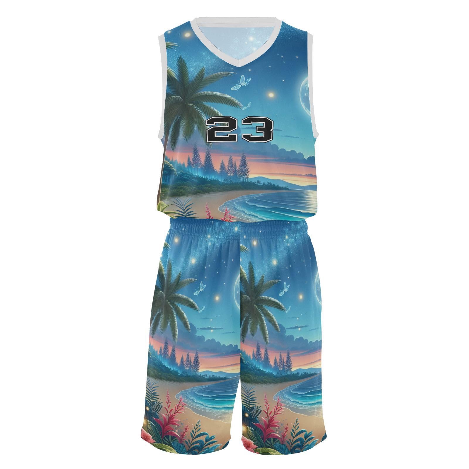 FLildon Tropical Beach Moonnight Boys Basketball Jersey Set Tank Top Shorts Tracksuit Sport Training Suit for Kids, XL