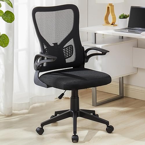 VECELO Mid-Back Mesh Ergonomic Office Chair with Flim-up Armrests, Breathable Lumbar Support, Swivel Wheels, Adjustable Height, for Study/Computer Task/Home Desk Work, Black