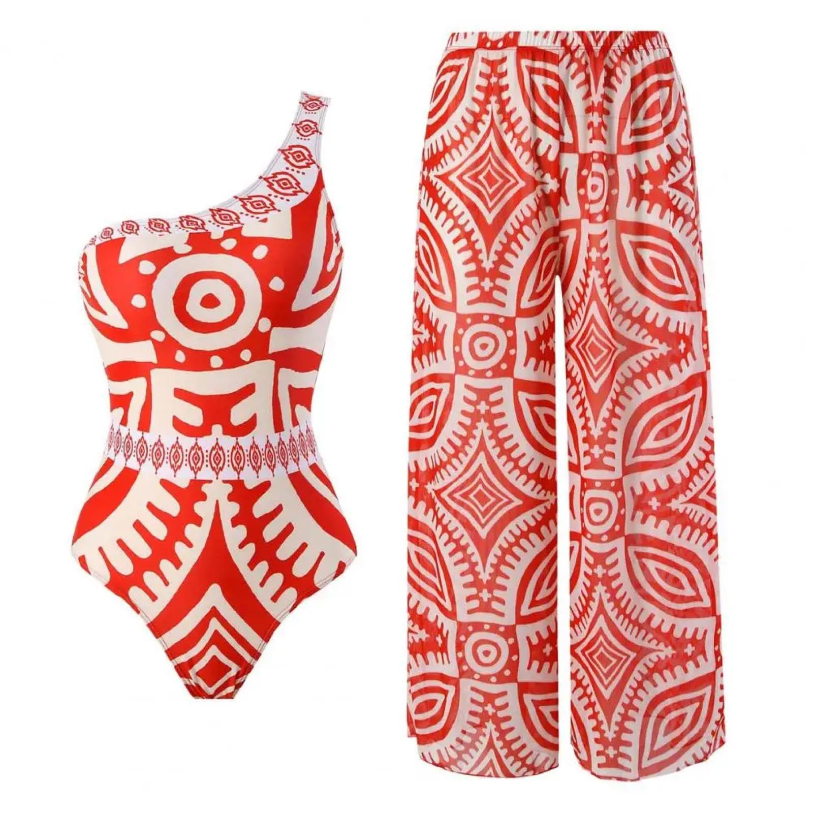 Bikini Costume da Bagno Monospalla da Donna con Stampa Geometrica Costume da Bagno con Stampa Pantaloni con Top Monospalla E Gamba Larga per Donna