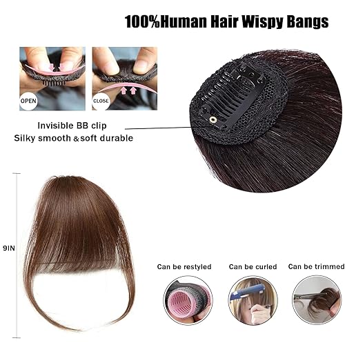 Miniatura 2 de Flequillo 100% de cabello humano, extensiones de cabello, flequillo francés, fleco con sienes, extensiones de cabello curvadas para mujer (flequillo