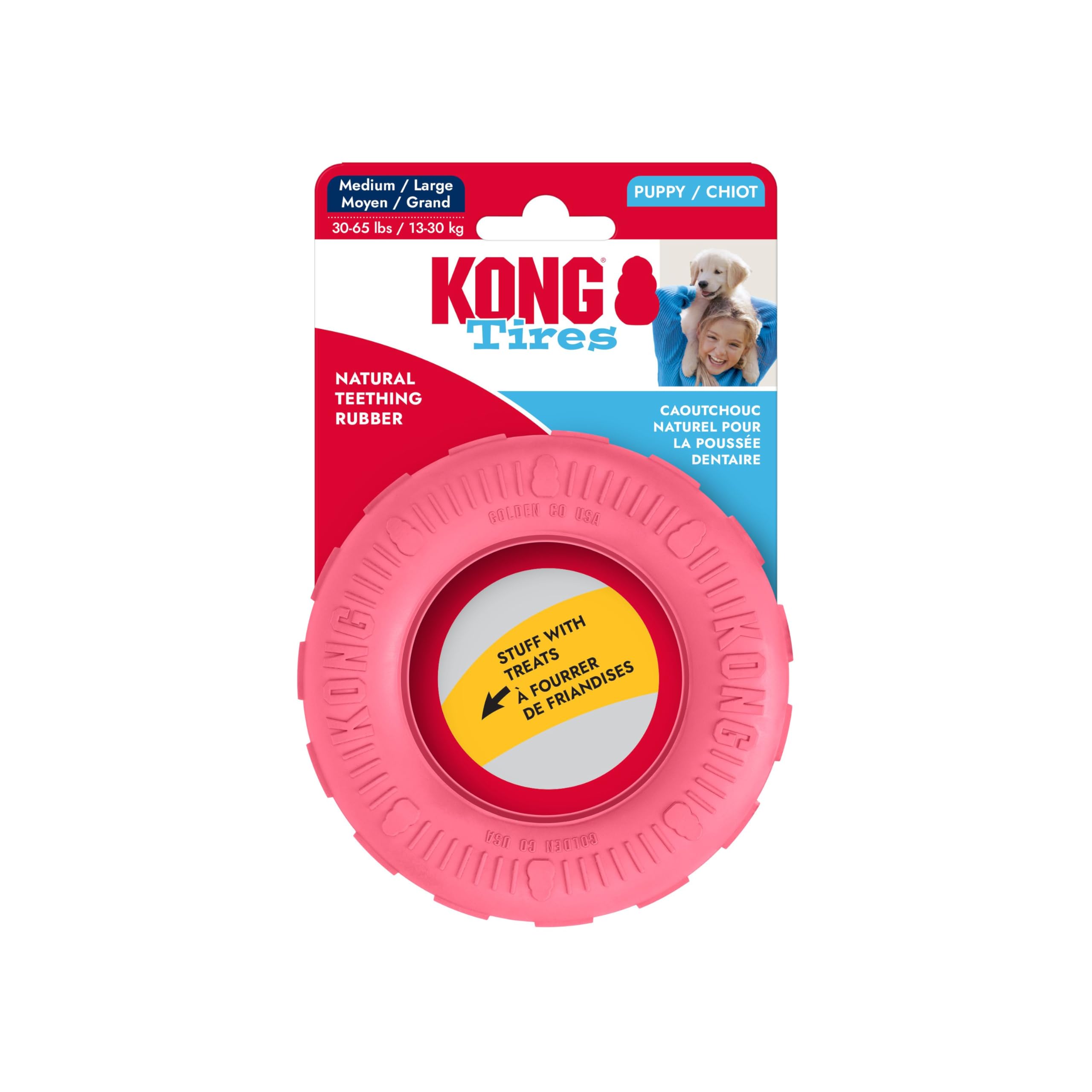 Puppy Tires, Natural Rubber Teething Toy, Medium/Large Puppies, Pink