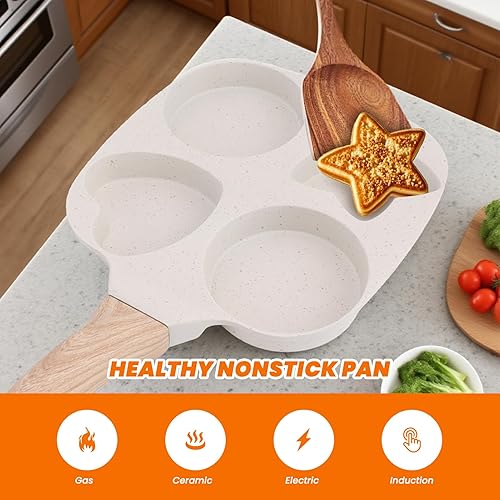 Miniatura 2 de Topyond Sartén para huevos de 4 tazas para desayuno, huevo, panqueques, hamburguesas, con mango de madera cómodo, antiadherente, aleación de