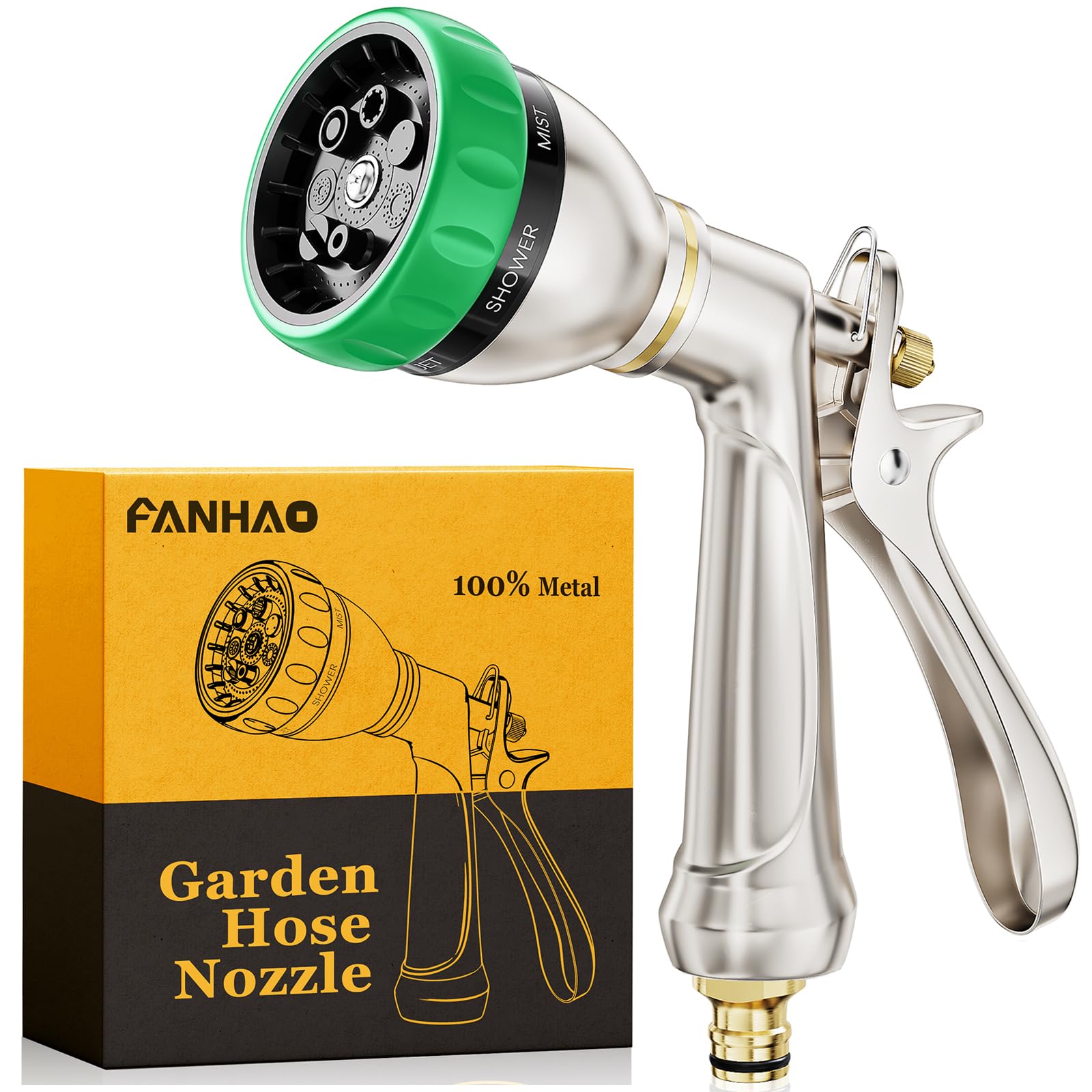 FANHAO Heavy Duty Hose Pipe Spray Gun, 100% Metal Garden Hose Gun with 7 Spray Patterns, Ergonomic Rear Trigger, High Pressure Hose Nozzle Sprayer for Watering Plants, Washing Car and Pet