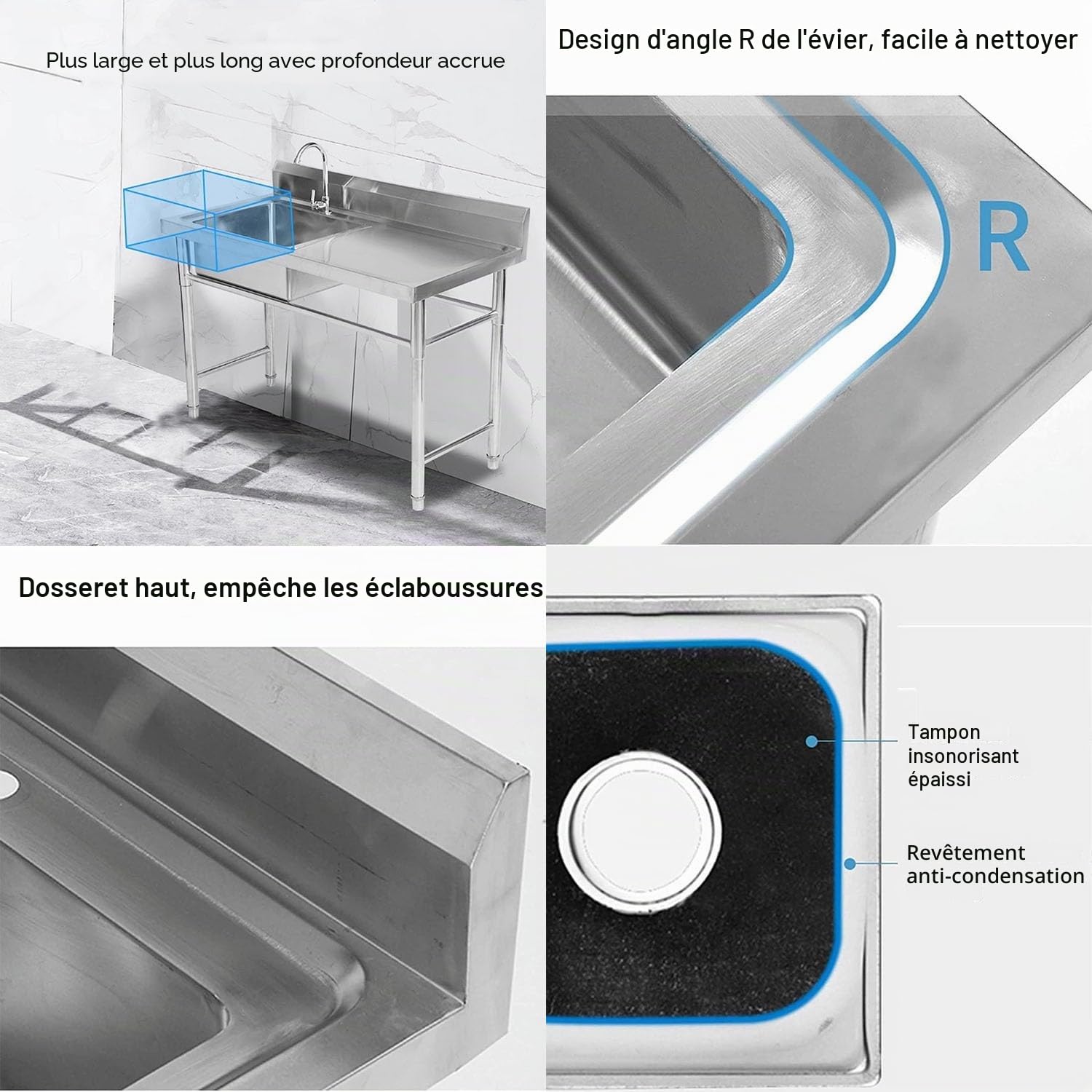 Grand Évier Cuisine 1 Bac avec Plate-Forme D'exploitation, Évier Autoportant avec Porte-Serviettes et Robinet, Évier Utilitaire INOX, pour Cuisine, Garage