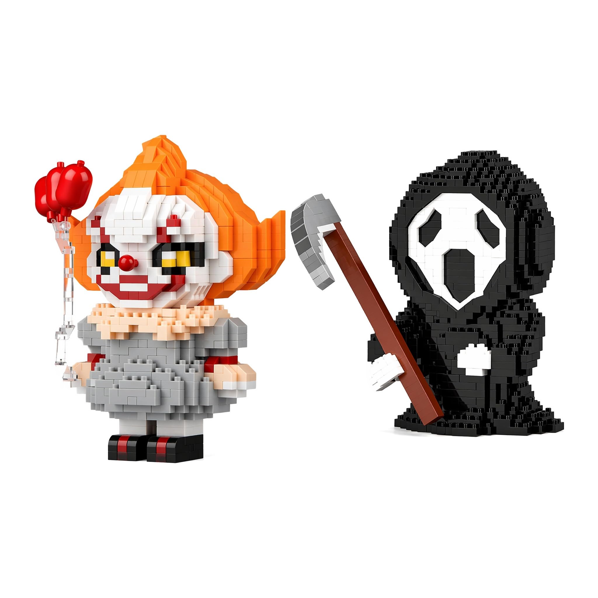 Cosiesnest 1594Pcs Micro Building Blocks Dual Character Kit Dark Reaper Model Red Balloon Clown Horror Film Figure Set Decoration Ideas For Halloween Horror Film Fans Collectors