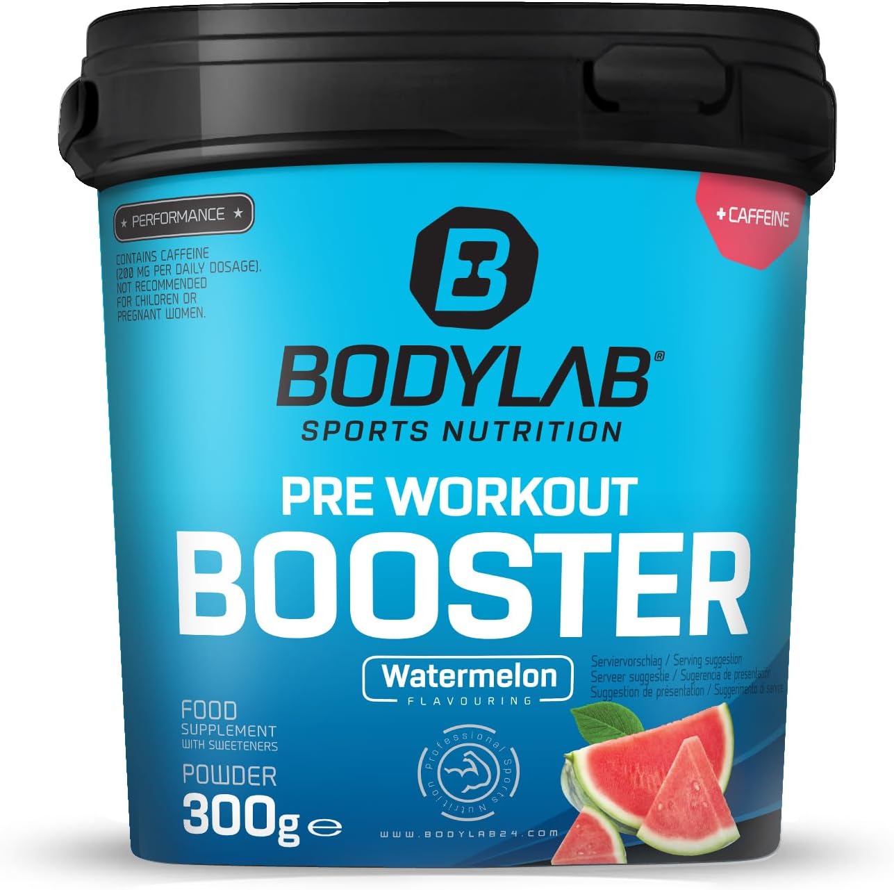 Bodylab24 Pre-Workout Booster Watermeloen 300g, Energie drank voor de training, booster met 136mg cafeïne, taurine & guarana extract, essentiële BCAA aminozuren en beta-alanine, arginine, citrulline