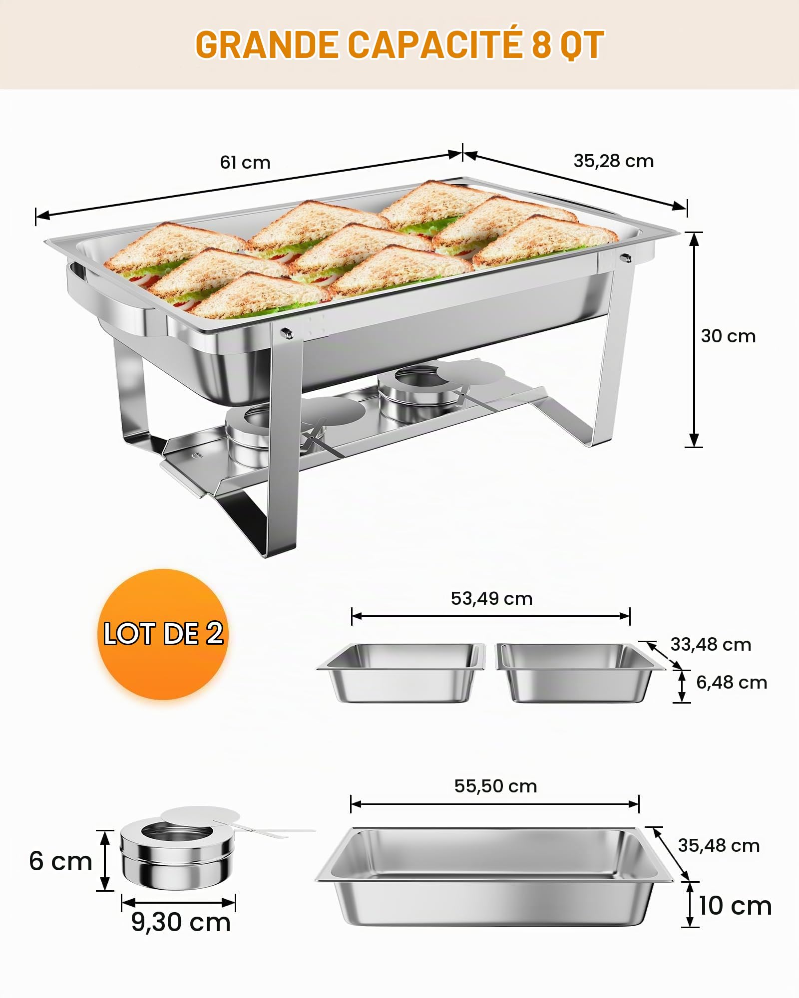 Lot de 2 Chafing Dish Buffet 9L-Plats Buffets Chauffants-Acier Inoxydable | Avec Couvercles INOX et Cadre Pliable