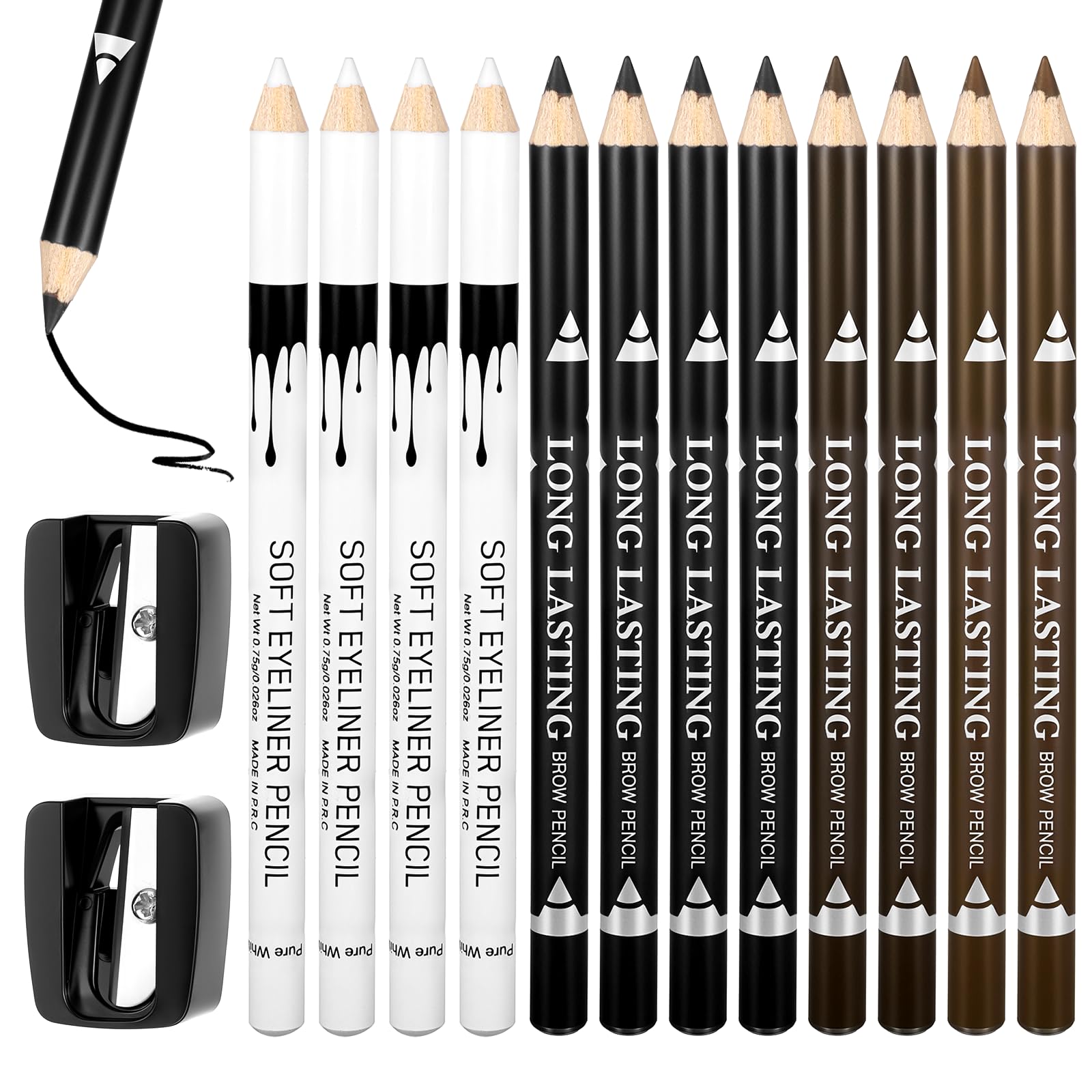 12 Pcs Barber Pencil with 2 Sharpener, Magic Hairline Pencils for Lineup Beard Hailiner Pencil Barber Chalk Beard Shaping Guide Pen for Men Makeup Design(Black, White, Dark Brown, Light Brown)