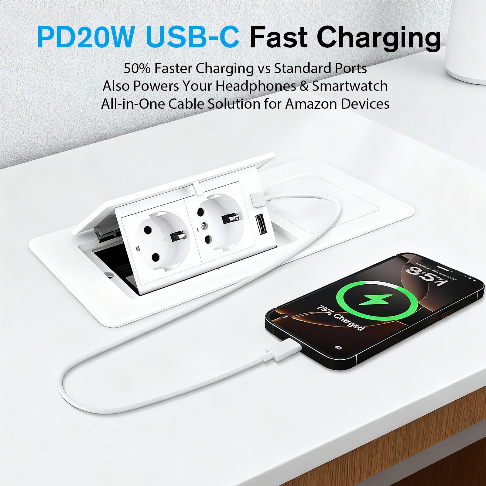 Presa a scomparsa con USB-C PD20W e ricarica wireless 15W – Presa da incasso per scrivania e cucina, 2 prese Schuko + USB-A, alluminio pressofuso, bianco