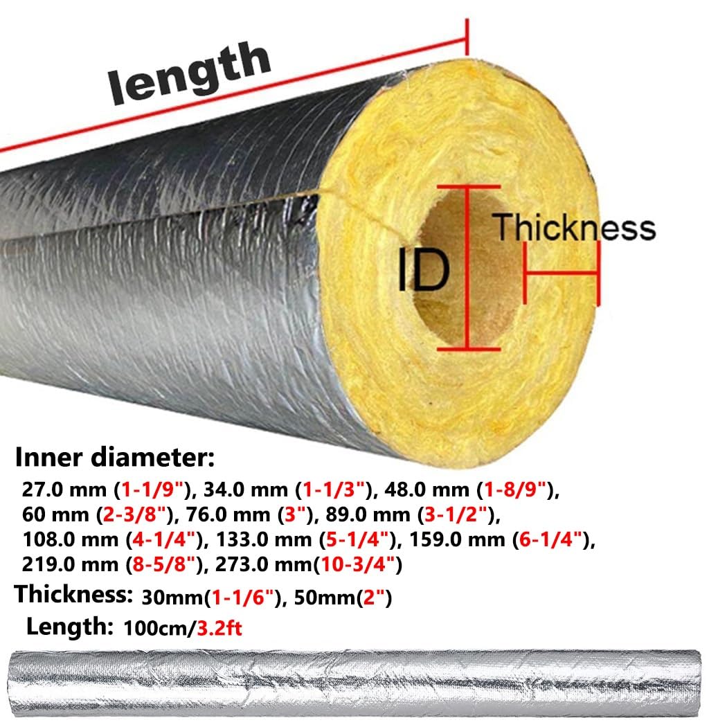 Coquilla Aislante De Papel De Aluminio Autoadhesivo, Carcasa De Tubo De Lana De Roca De 100Cm, Semi-Dividida/Impermeable/Retardante De Llama(ID114.0mmxT30.0mmxL1.0m)