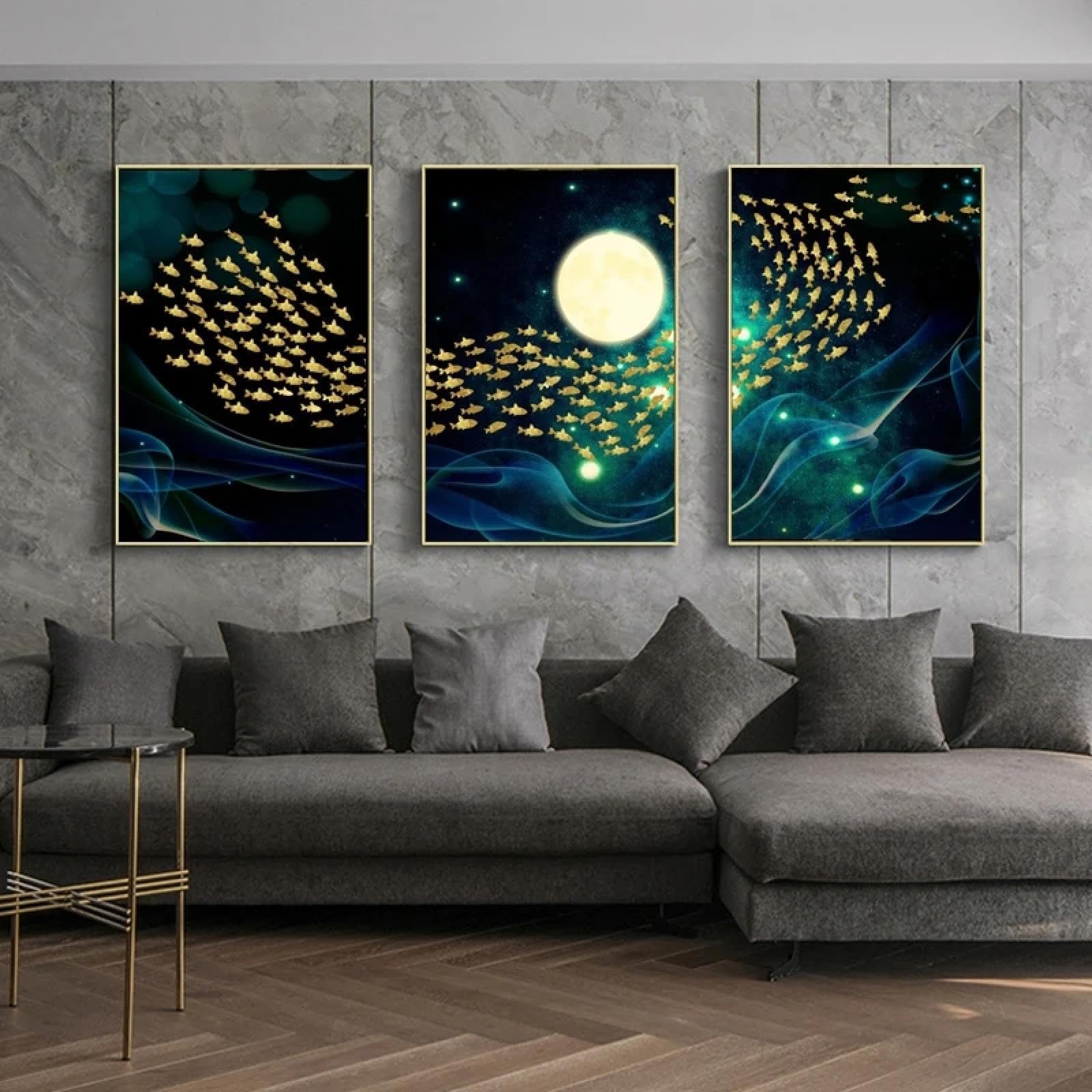 Mur vide salon ? Décorez avec ce triptyque toile poisson doré abstrait 30cm - 8