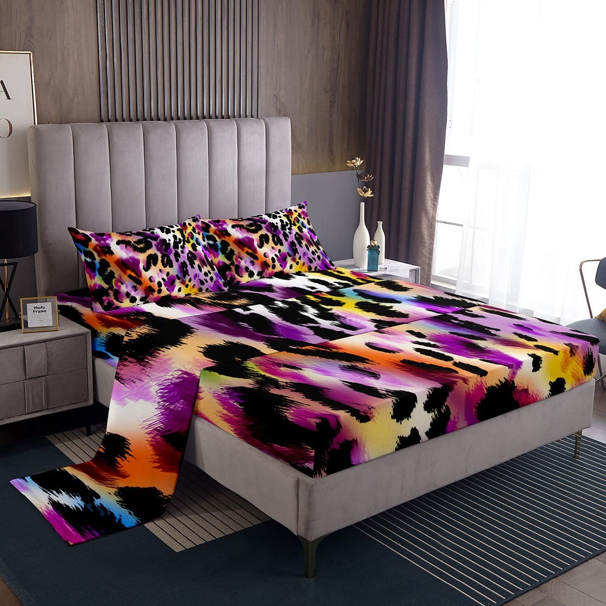 set di lenzuola con stampa leopardata e ghepardo grigio con
