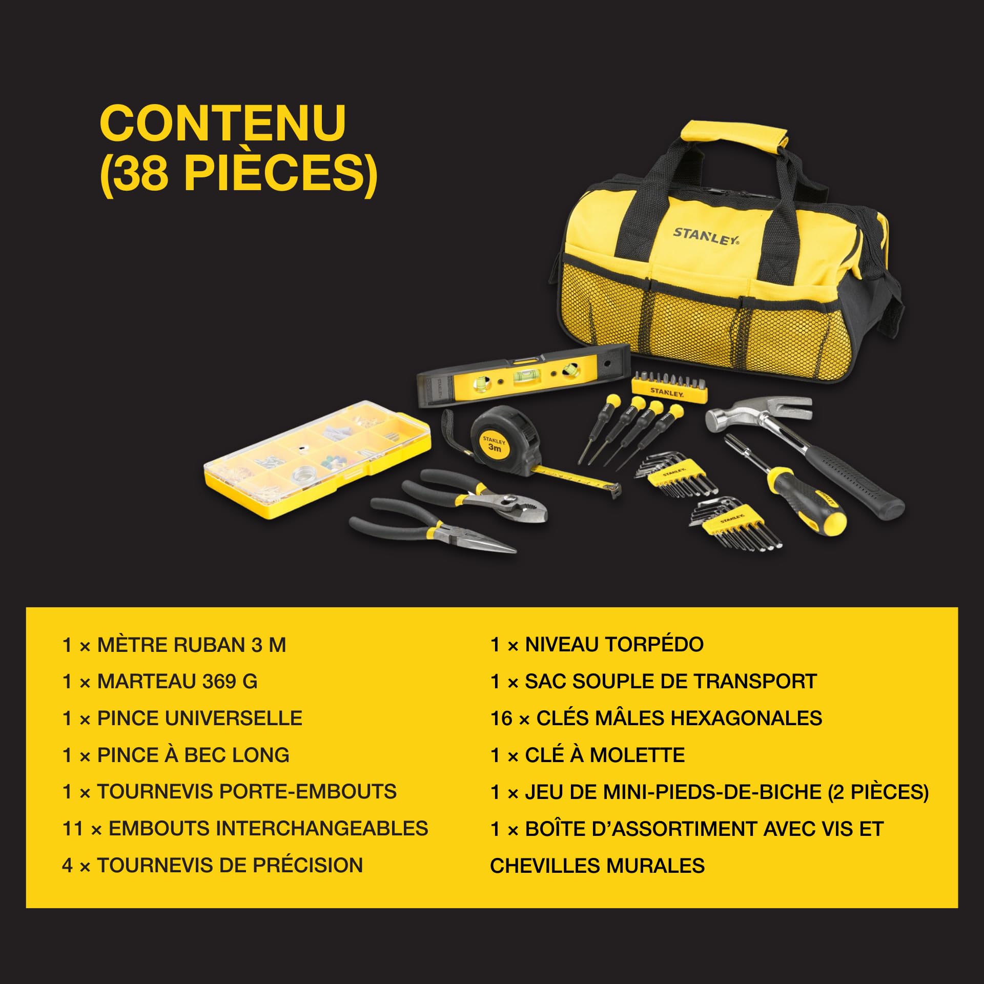 STANLEY Set d'Outils Mixtes 38 Pièces avec Sac de Rangement - Comprend Marteau, Pinces, Tournevis, Clés Allen, Mètre Ruban, Niveau & Quincaillerie – Durable, Portable, Performance Fiable - STMT0-74101