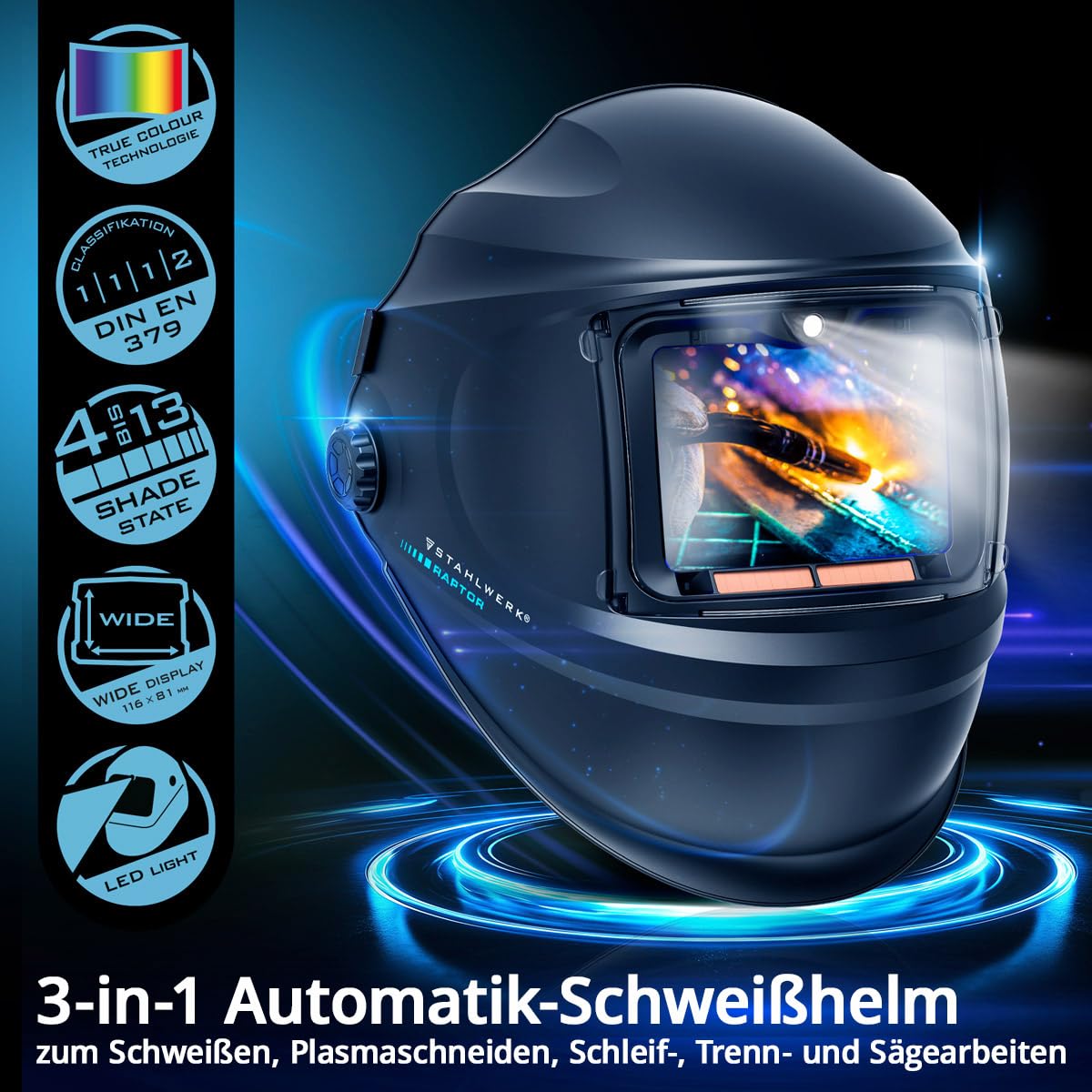 STAHLWERK Automatik-Schweißhelm 3-in-1 Raptor – Schweißerhelm mit True-Colour, LED-Licht, autom. Abdunkelung DIN 4-13, optische Klasse 1/1/1/2, Sichtfeld 116 x 81 mm, Schweißschild, Schweißmaske