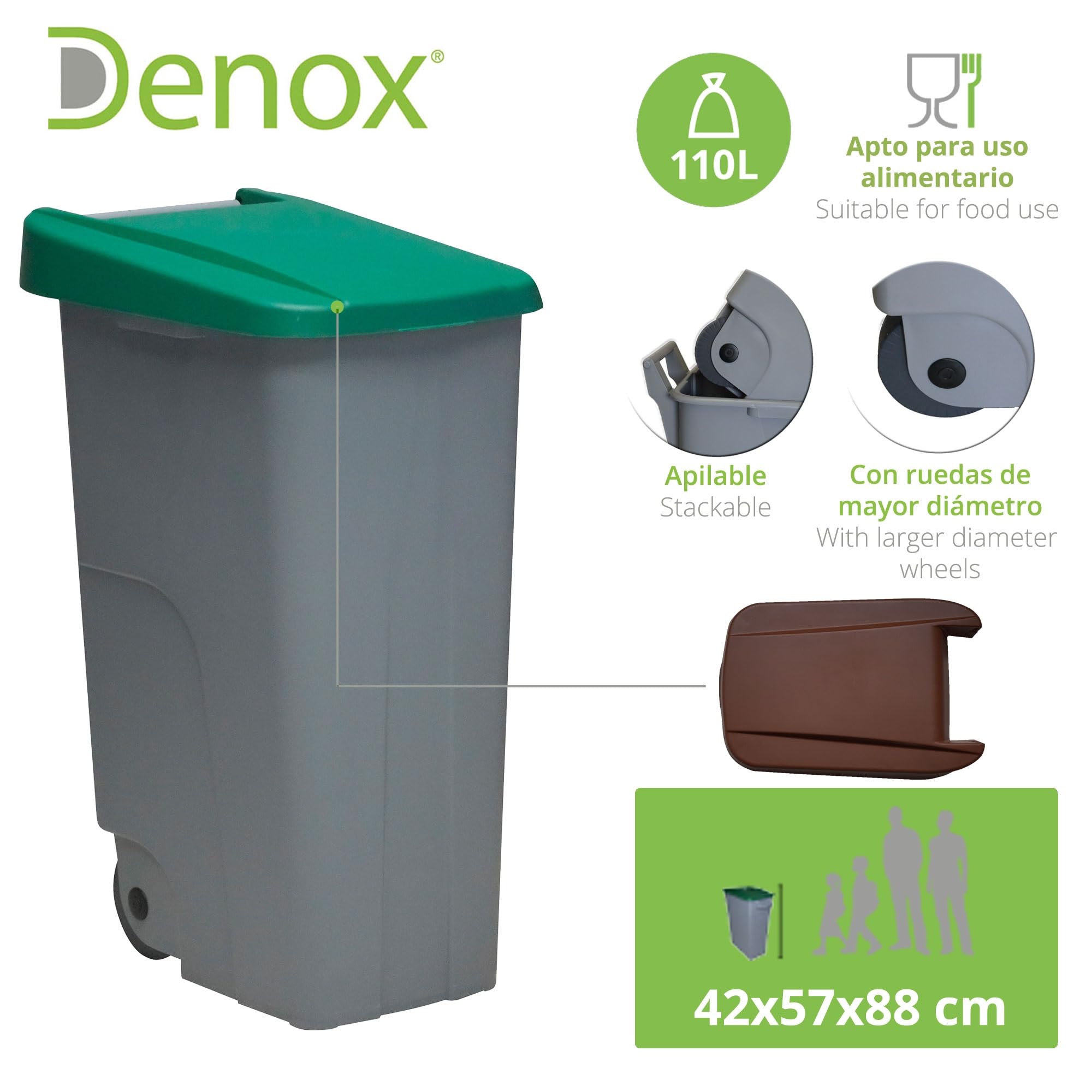 Denox DEN032 Rücklaufbehälter, 110 l, geschlossen, grün, 420 x 570 x 880 mm