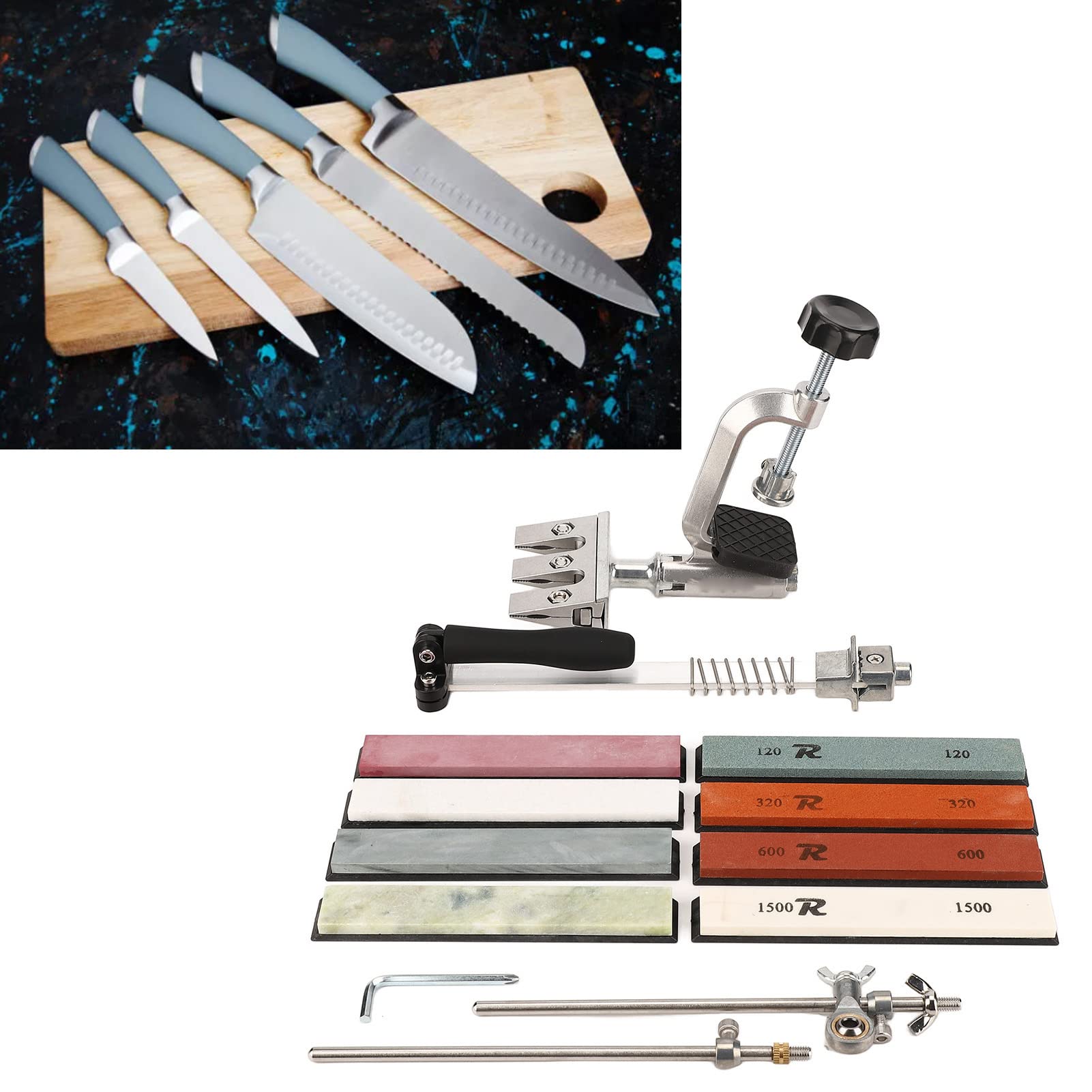 Pietra per affilare, kit di affilatura coltelli 8 pezzi, affilatrice portatile antiscivolo per affilare coltelli, ascia, hash, lama per tosaerba, cesoie da giardino, tutti i bordi di