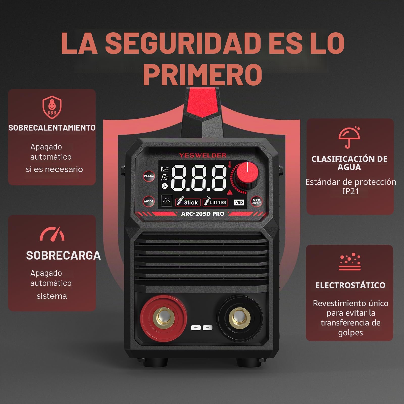 YESWELDER 205Amp ARC Soldador 230V MMA/Lift TIG Soldador Portátil, Gran Pantalla LED Digital Inverter IGBT Soldar con Arranque en Caliente de la Fuerza del Arco, Anti-Stick