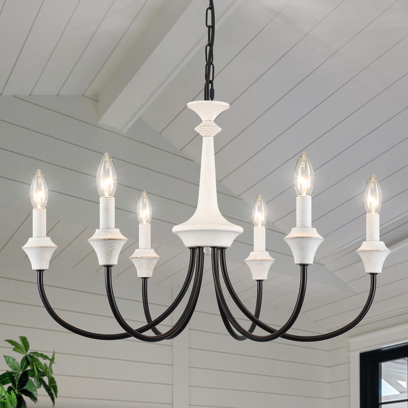 Distressed White and Black Chandelier 6 Lights French Country Chandelier Farmhouse Chandeliers for Dining Room Lighting Industrial Candle Pendant Light Fixture for Kitchen Living Room Bedroom