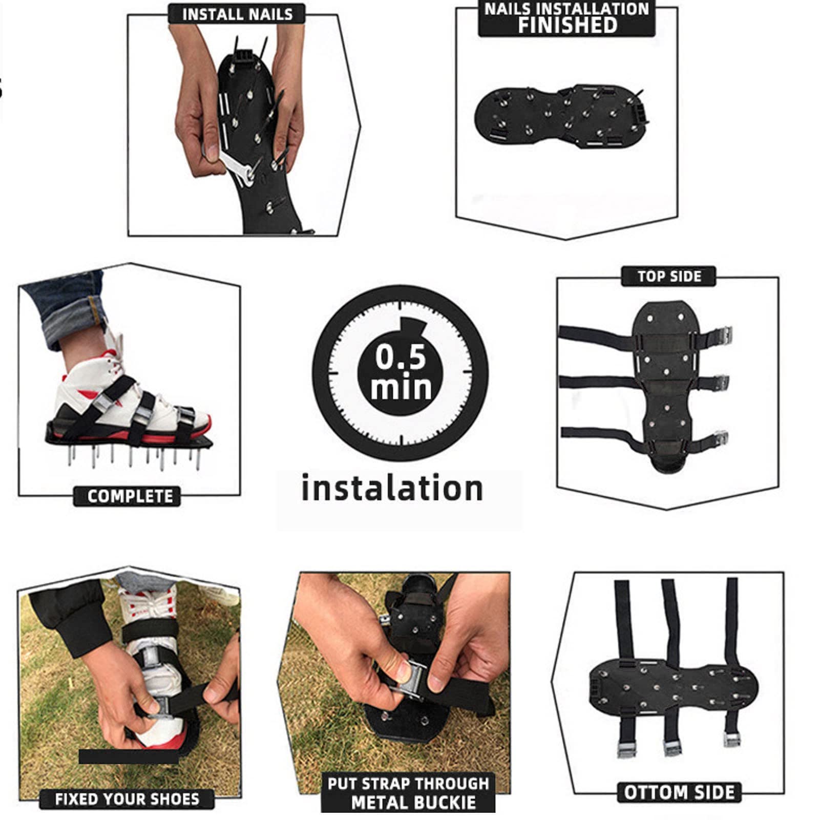 Zapatos escarificadores de césped manuales, aireador de césped para Caminar, Zapatos con Puntas de Hierba con Correa de Hebilla de Metal para jardinería (Black)