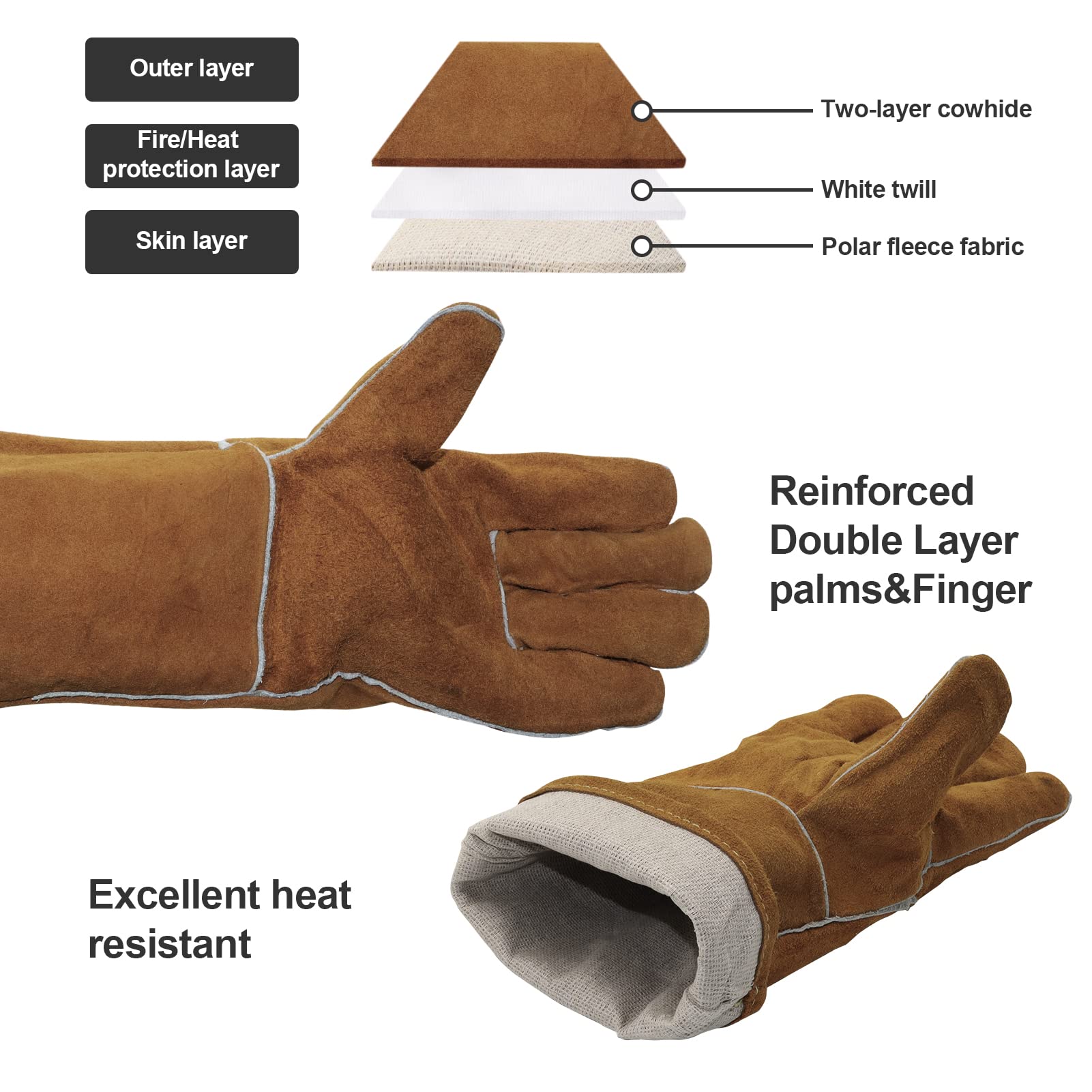 Guantes de soldadura 14 pulgadas 932℉ Guantes de cuero para soldadura forja/mig Resistentes al calor/fuego, horno/parrilla/chimenea/horno/cacerola/caldera/BBQ/manipulación de animales.