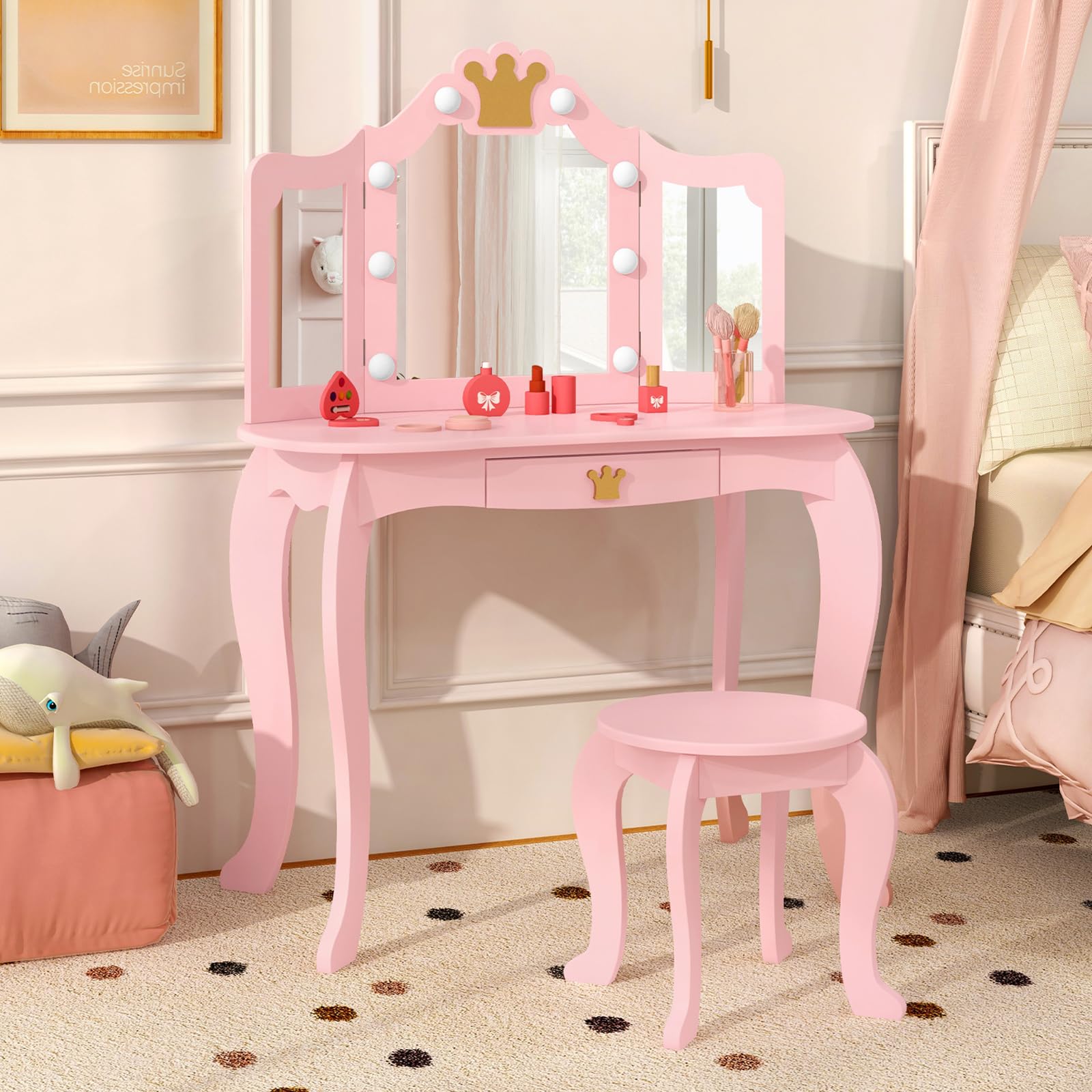 KOTEK Kids Vanity with Lights, Crown Girls Vanity Set w/Tri-Folding Mirror, Detachable Top, Stool &amp; Drawer, Wooden Toddler Makeup Desk, Pretend Play Kids Vanity Table and Chair Set (Pastel Pink)