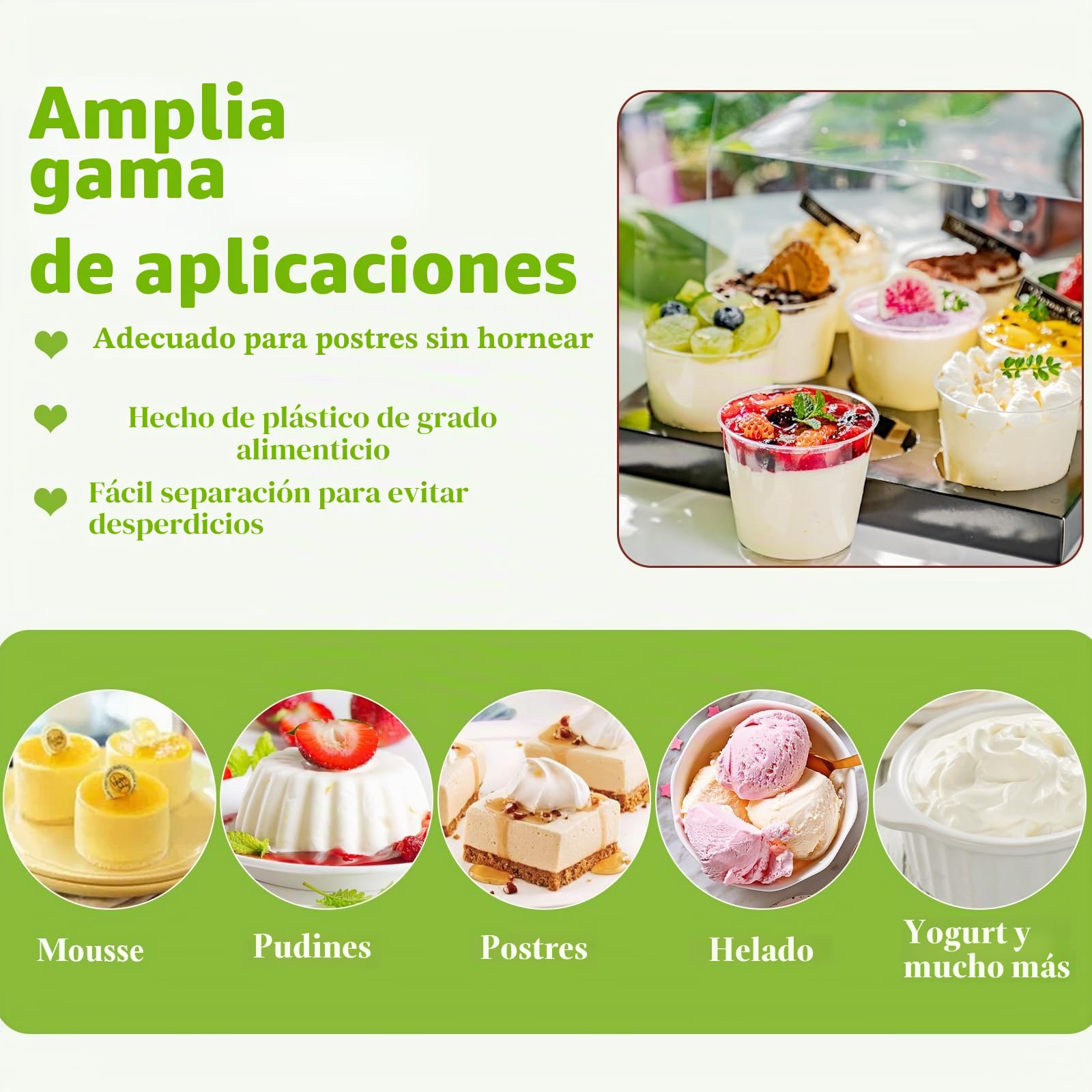 Vasos de Plástico para Postres 180ml, 50 Vasitos con Tapa y Cucharas, Recipientes Reutilizables para Fiestas