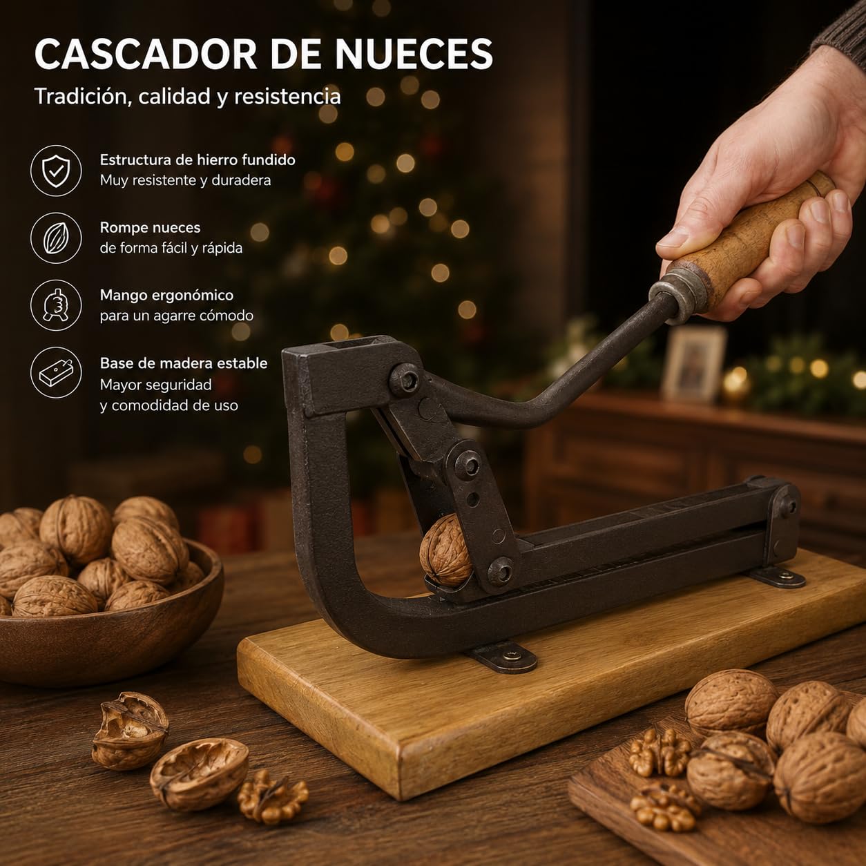Partidor de Frutos Secos Manual con Palanca y Base de Madera | Cascanueces Profesional Metálico para Nueces y Almendras | Homelux