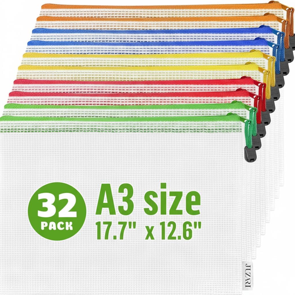 32 Pack Mesh Zipper Pouch Bags A3 - 17.7x12.6 - Plastic Zipper Pouches for Organizing - Board Game Bags - Puzzle Organizer Bag - Large Zippered Pouch Bag - Mesh Pouches with Zippered - Puzzle Storage
