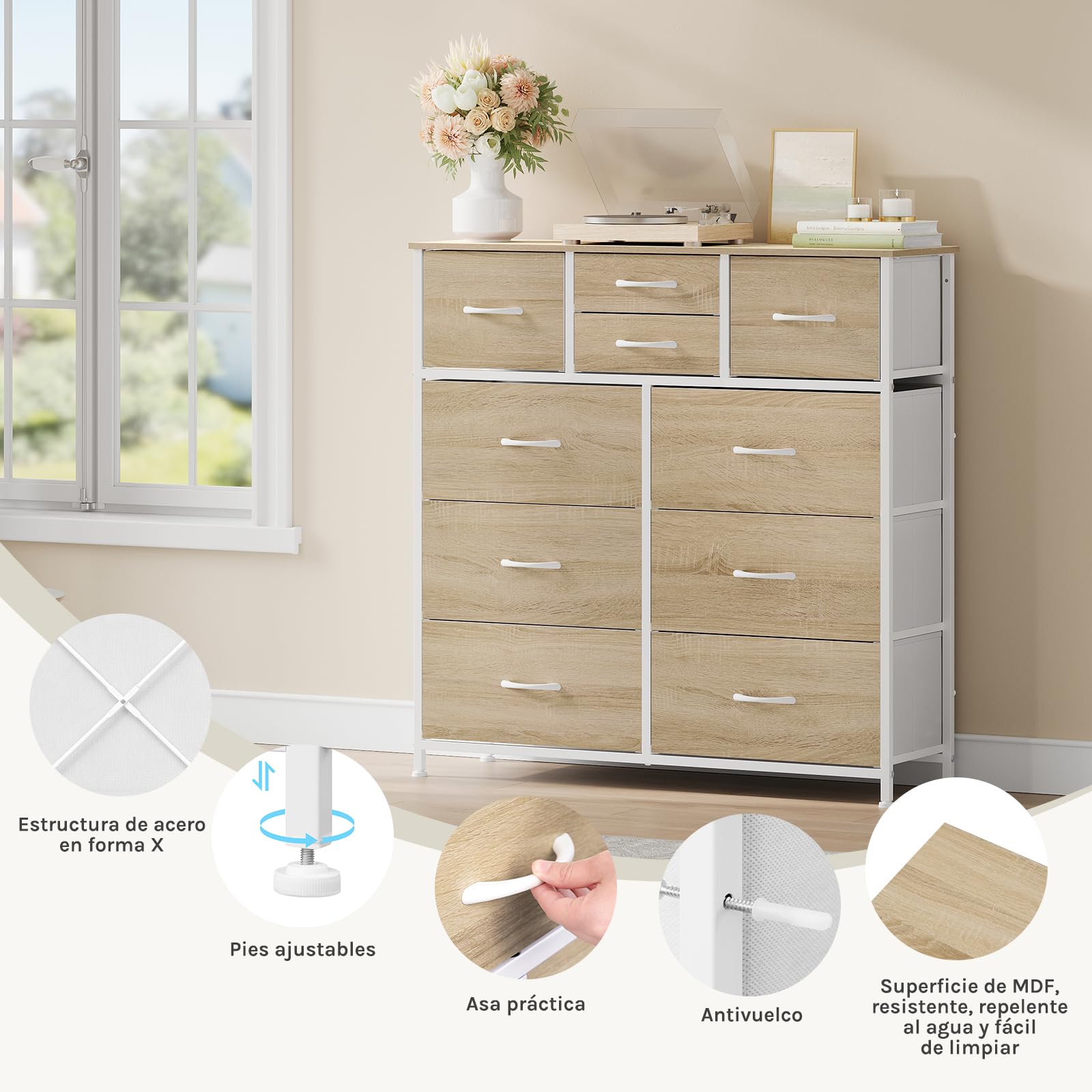 WOLTU Cajonera de Tela, Cómoda Dormitorio de Tela, Unidad de Almacenaje con 10 Cajones, para Recibidor y Salon, Estructura de Metal Resistente, Roble Claro+Blanco, SSK009whe