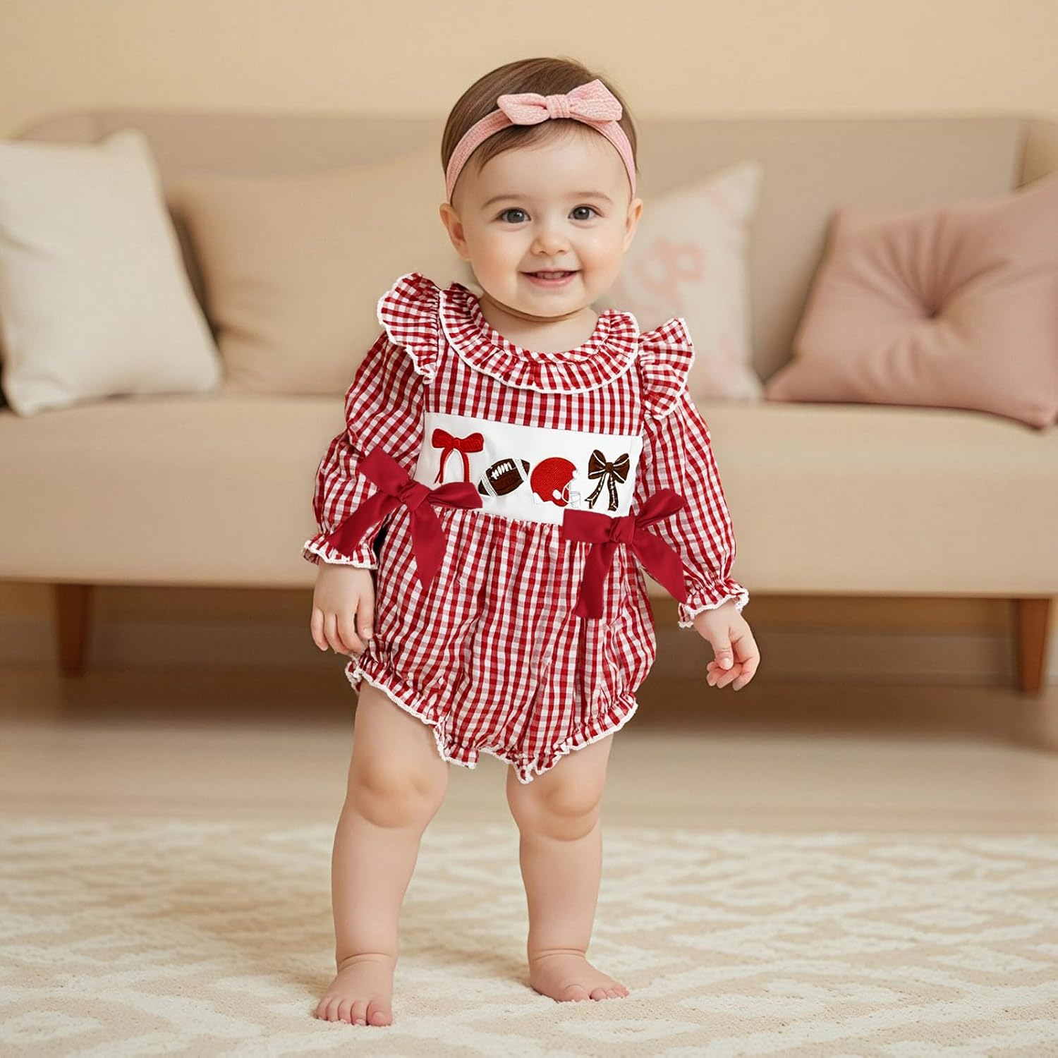 Yuemengxuan Newborn Baby Girl Football Outfit Ruffle Long Sleeve Plaid Bubble Romper Game Day Smocked Onesie Fall Clothes - Image 3