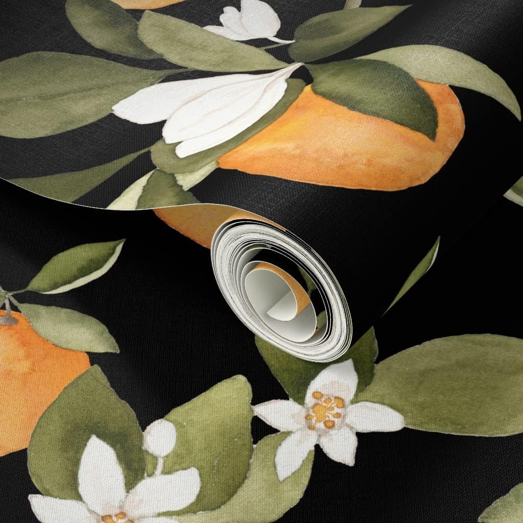 Peel & Stick Wallpaper Swatch - Orange Blossom Dark Oranges Blossoms Fruit Leaves Watercolor Citrus Clementine Custom Removable Wallpaper by Spoonflower