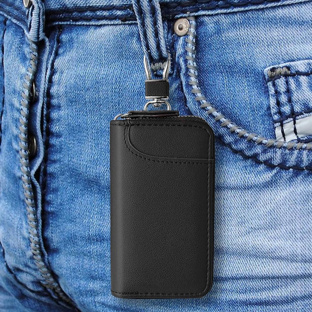 etui na klucze skórzane damskie i męskie, wielofunkcyjna torebka na klucze, portfel z 3 oddzielnymi przegródkami i 6 haczykami na klucze, małe etui na klucze (czarne)