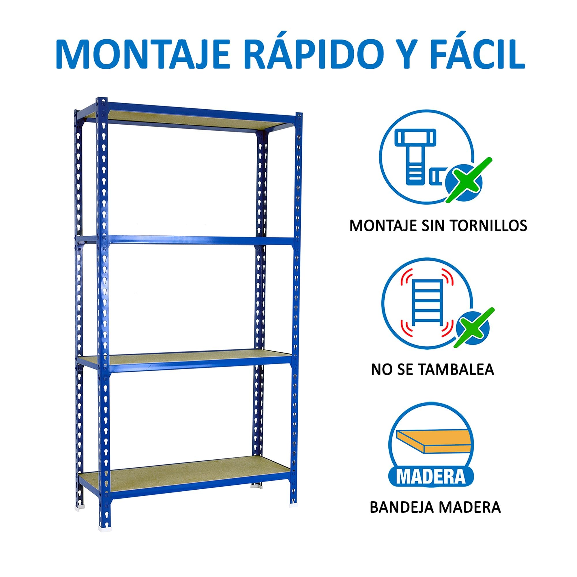 SimonRack Estanteria Metalica, 4 Baldas Madera Ajustables, 200 kg de Punto Flexión, 1500x1100x300 mm, Estantería Almacenaje, Sin tornillos, Azul/Madera - Maderclick | 4 Alturas, Bandeja Madera, 200 kg de Punto Flexión, Azul , Pintura anticorrosión, Montaj