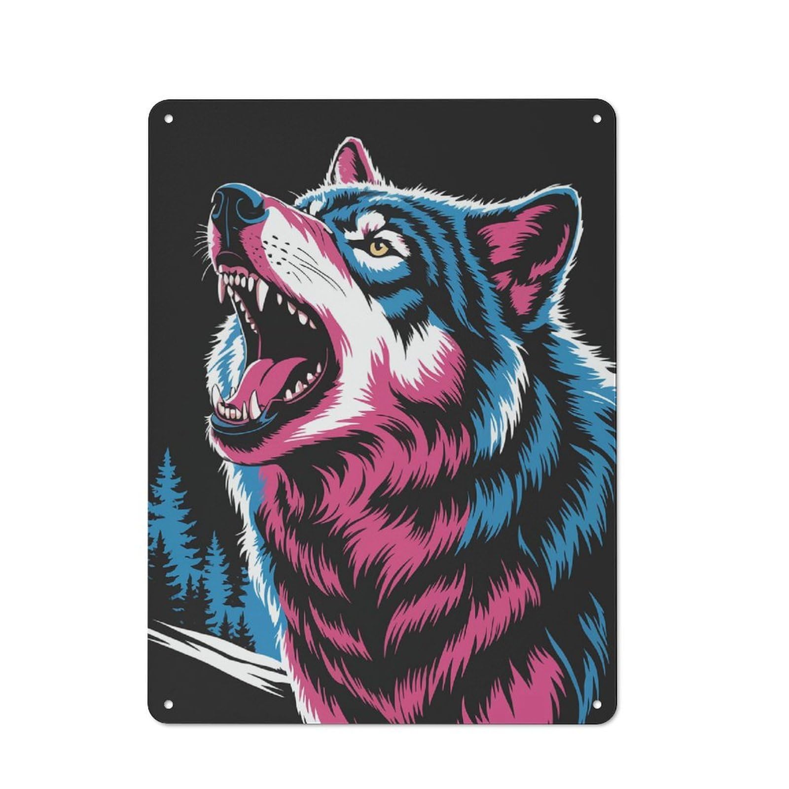 Junmoney Colorful Howling Wolf Illustration Metal Wall Sign 40X30cm Featuring For Café Or Restaurant, For Vintage Wall Decor Fans, For Metal Sign Collectors
