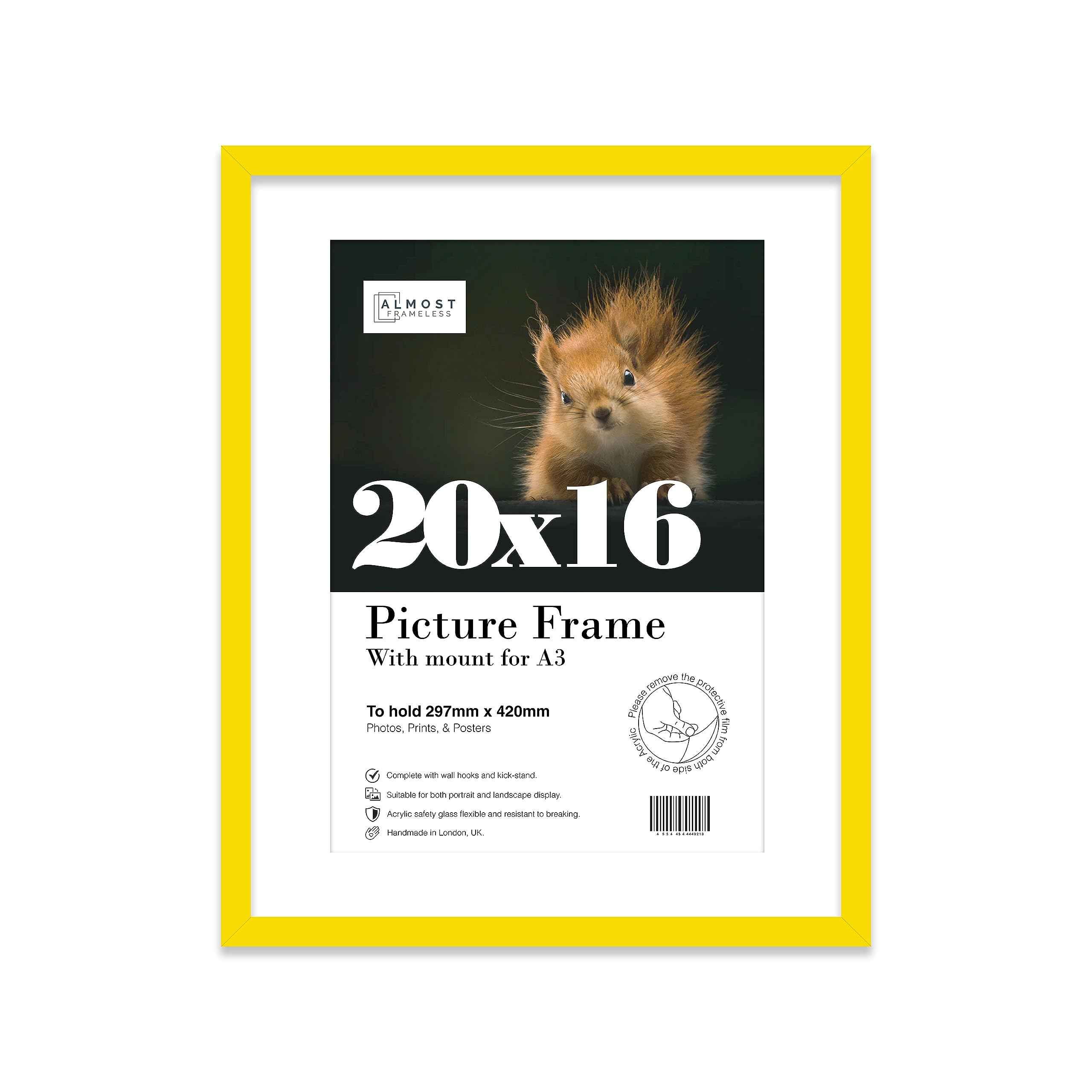 Almost Frameless 20x16 Yellow Picture Frame With Mount for A3 Print, Poster or Photo Poster, Photo, Artwork, or Print. Thin Edge Slim Frame Portrait and Landscape Display with Wall Hooks