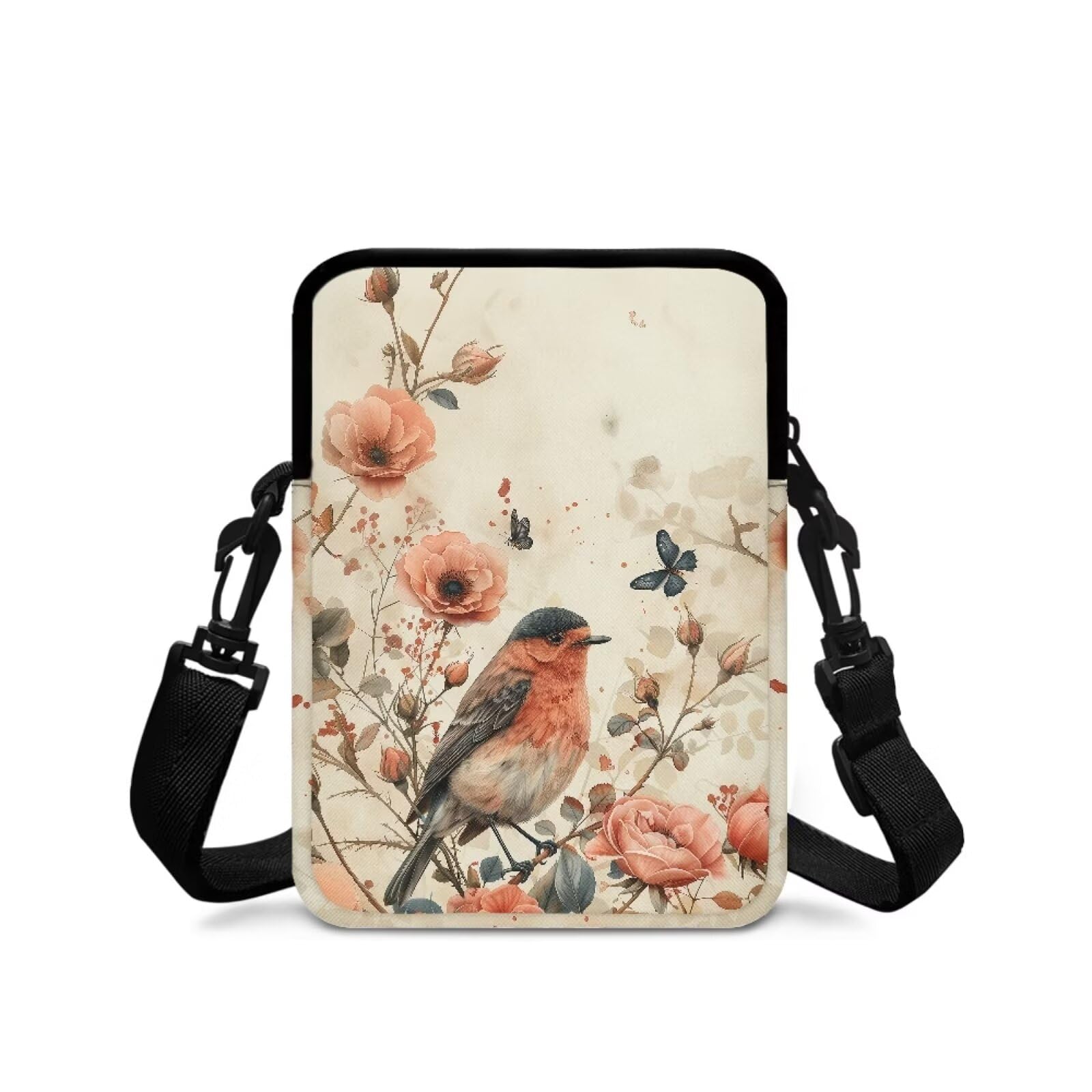 TSOVTHRID Pink Black White Bird Floral Butterflies Printed Kids Girls Boys Crossbody Bags, 2 Layer Shoulder Bag Travel Outdoor Chest Bags Satchel Bag with Adjustable Shoulder Strap