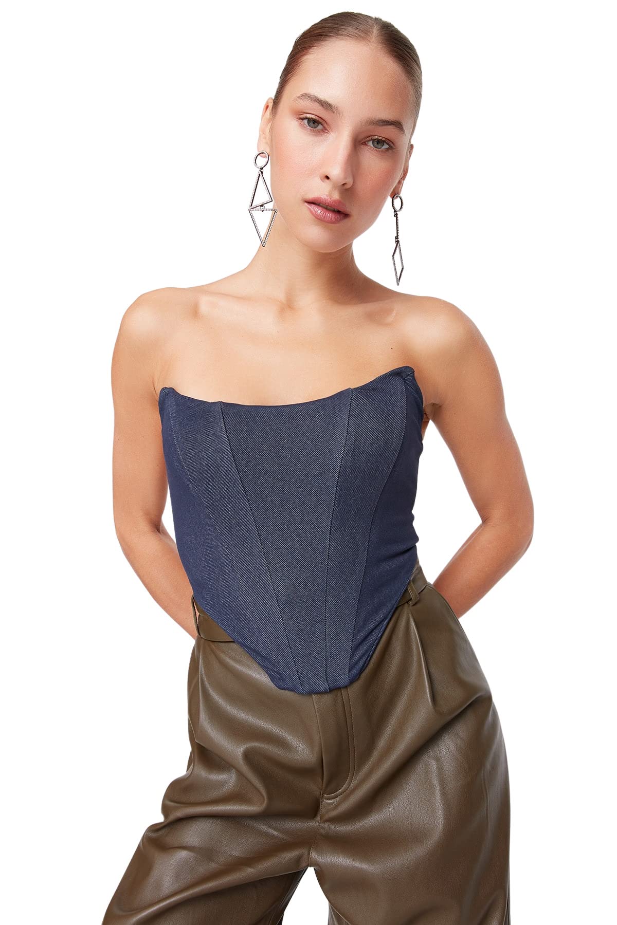 Trendyol FeMan Crop Basic Strapless Knit Bustier Navy Blue