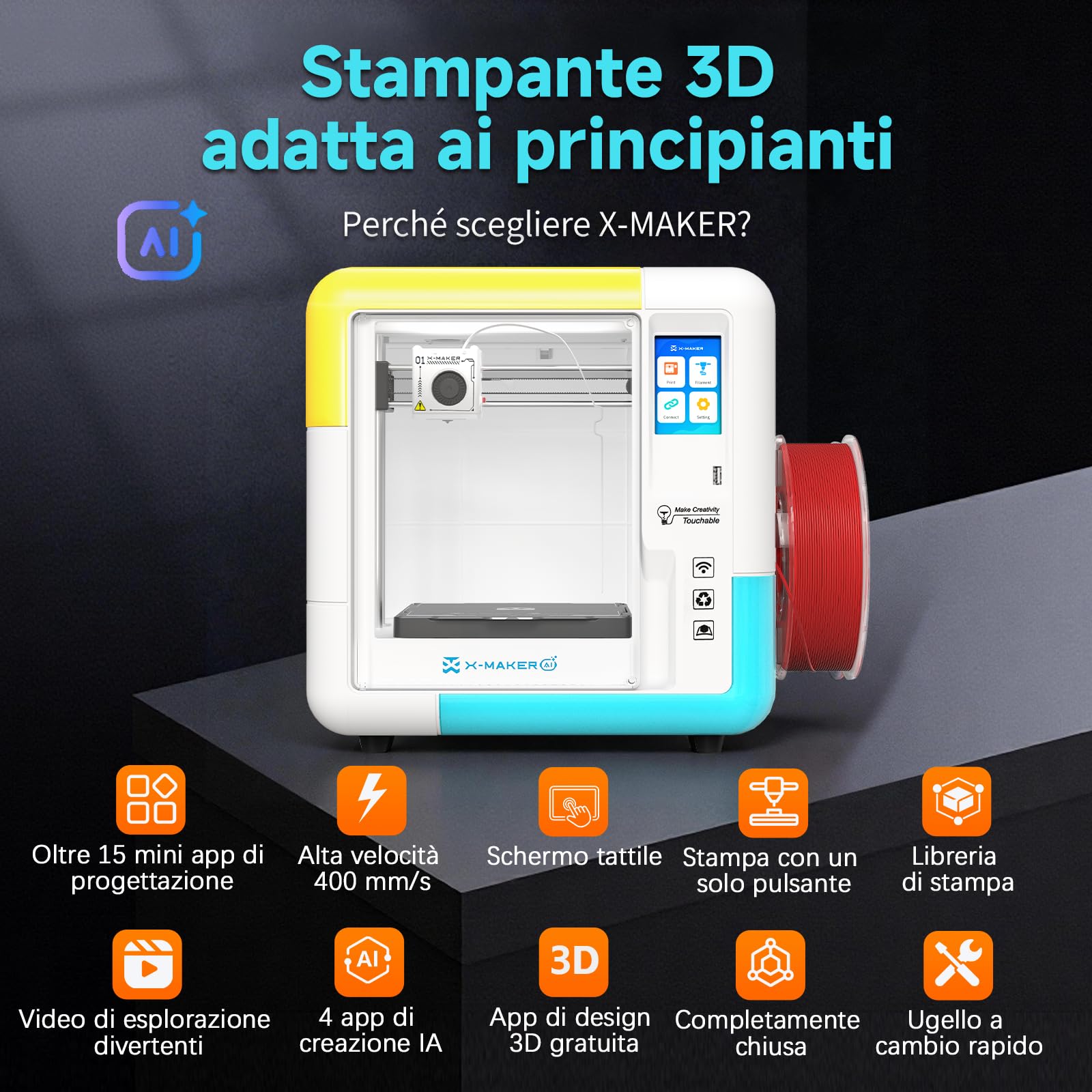 AOSEED X-Maker AI 3D-Drucker für Anfänger, Vollständig Geschlossen & Geräuscharm, KI-Design-App, 8000+ 3D-Modelle, WLAN-Verbindung, Sofort Einsatzbereit, inkl. 8-teiligem PLA-Filament-Set