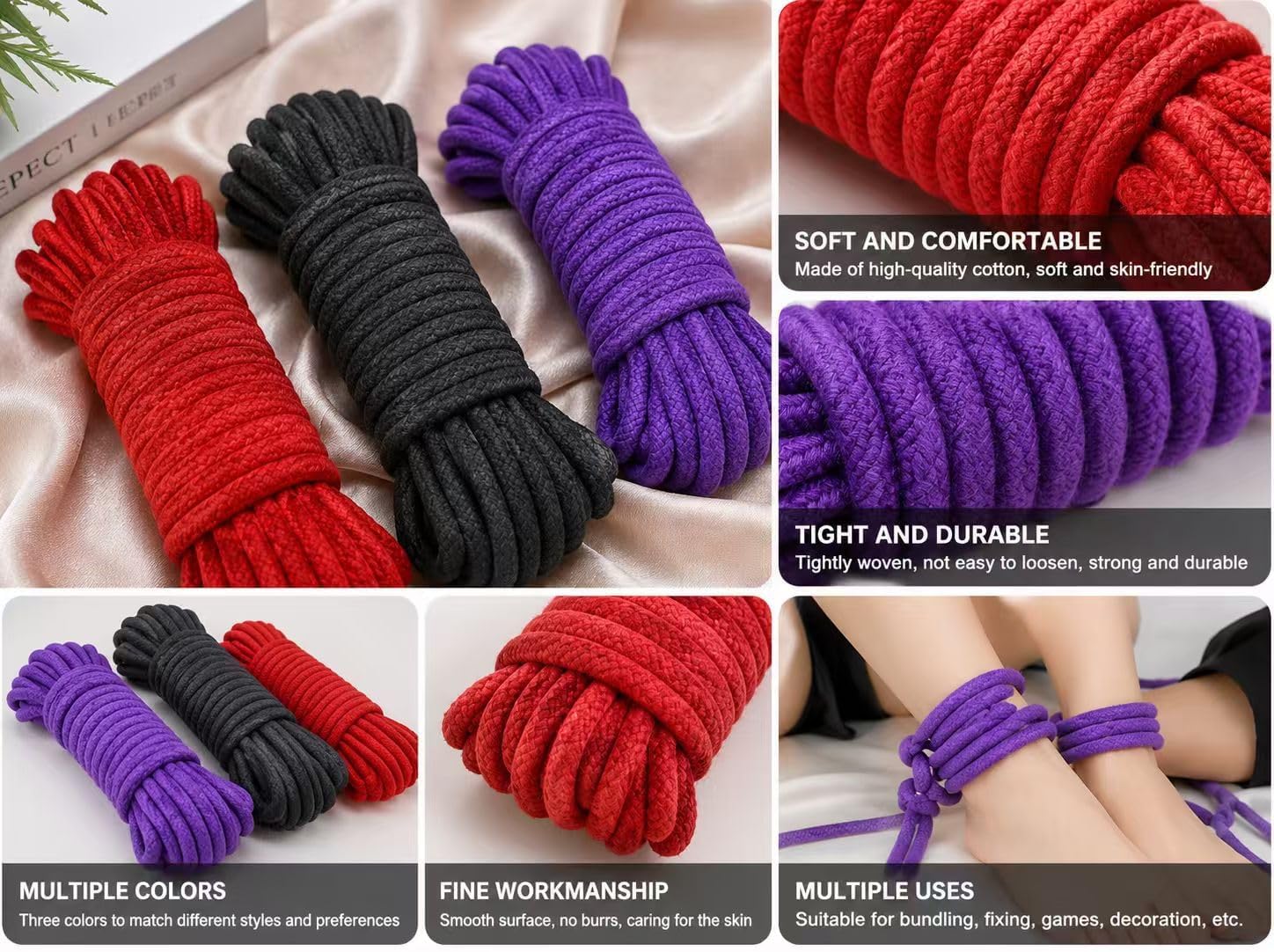 BDSM Rope Set, Sex Bondage Rope, Soft Soft Cotton, BDSM Beginner Set, Black, Red, and Purple Adult Sex Toys, Suitable for Couples.