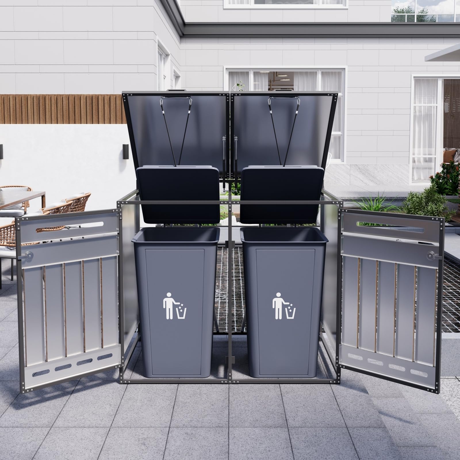 Abri pour poubelles avec Couvercle hydraulique, Habillage Vertical Aspect Bois, aération à Fentes oblongues, Armoire de Rangement de Jardin en Fer avec Serrure (1)