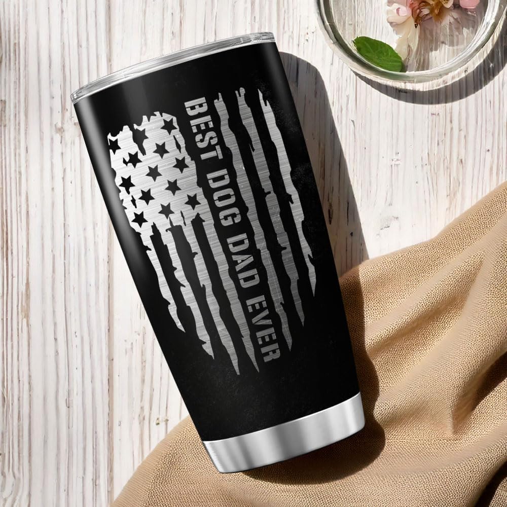 Dog Dad Tumbler Gift, Best Dog Dad Ever Design, 20oz Vacuum Insulated Stainless Steel Cup for Pet Owner, Funny Patriotic Black Travel Mug for Men Birthday, Father's Day Present - Image 5