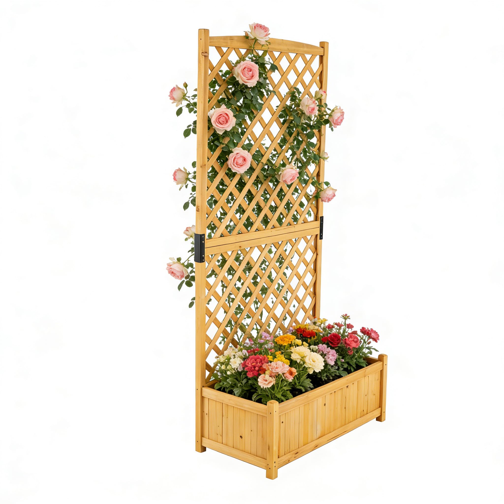 HOMASIS Fioriera con Grigliato per Piante Rampicanti, Vaso Rettangolare in Legno, Fioriera con Spalliera da Esterno, Balcone, Giardino, Cortile, 90 x 44,5 x 180,5 cm (Chiaro)