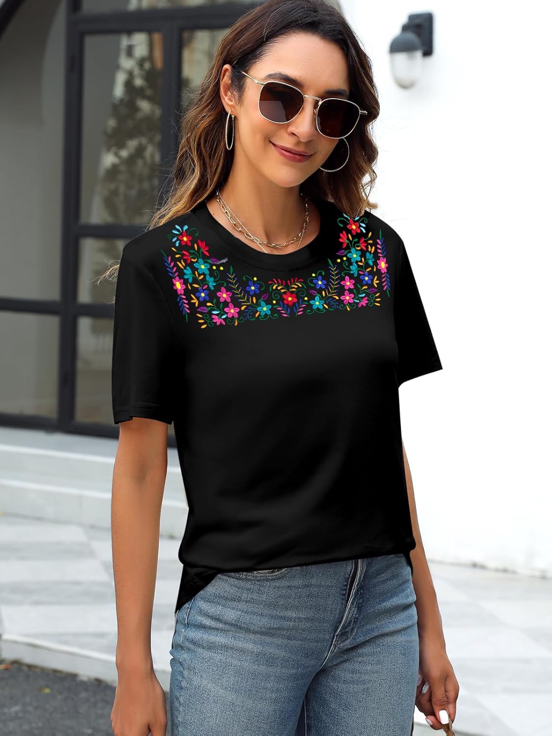 Women Mexican Embroidered Shirt Mexico T-Shirt Traditional Summer Blouse Boho Floral Embroidery Tunic - Image 4