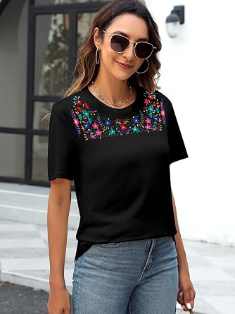 Mexican Embroidered Shirt Women Mexico Shirts Boho Floral Embroidery Top