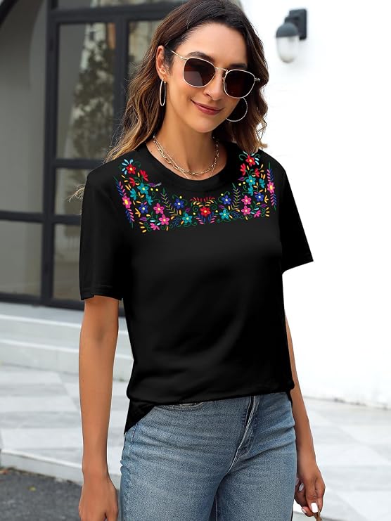 Mexican Embroidered Shirt Women Mexico Shirts Boho Floral Embroidery Top