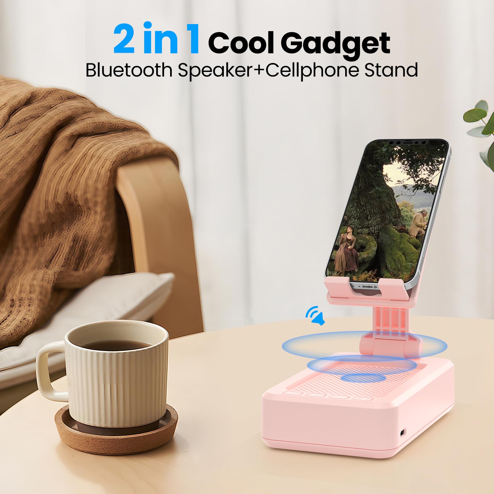 TechGlow Gift for Women Foldable Cellphone Stand with Bluetooth Speaker Wireless Speaker with Phone Holder Birthday Gift Idea for Mom Dad Cool Gadget Pink