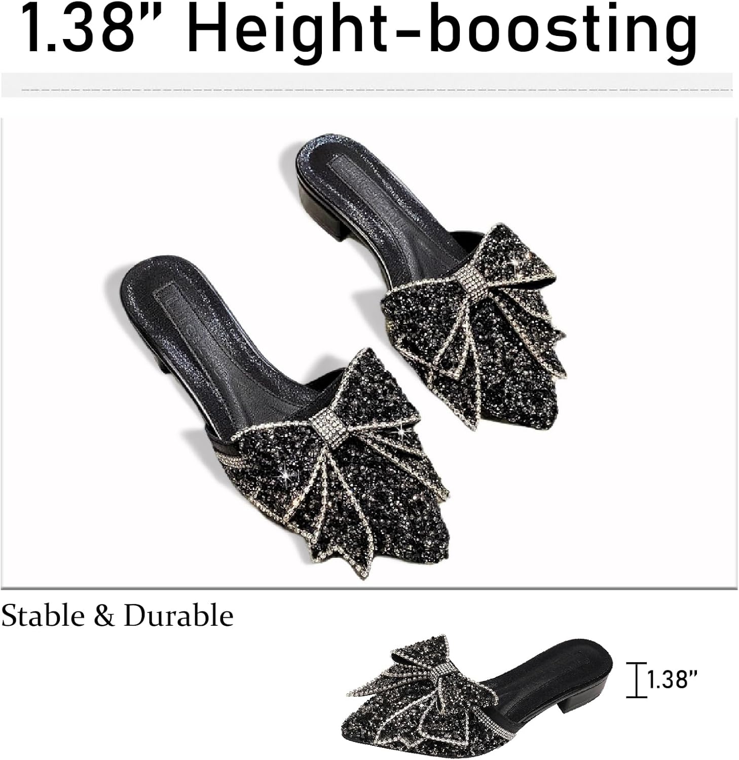 Women's Bow Rhinestone Glitter Low Heels Mules Fashion Closed Pointed Toe Backless Slip on Comfortable Block Heel Pumps Sandals for Party Prom Date Wedding Dressy Slides - Image 6