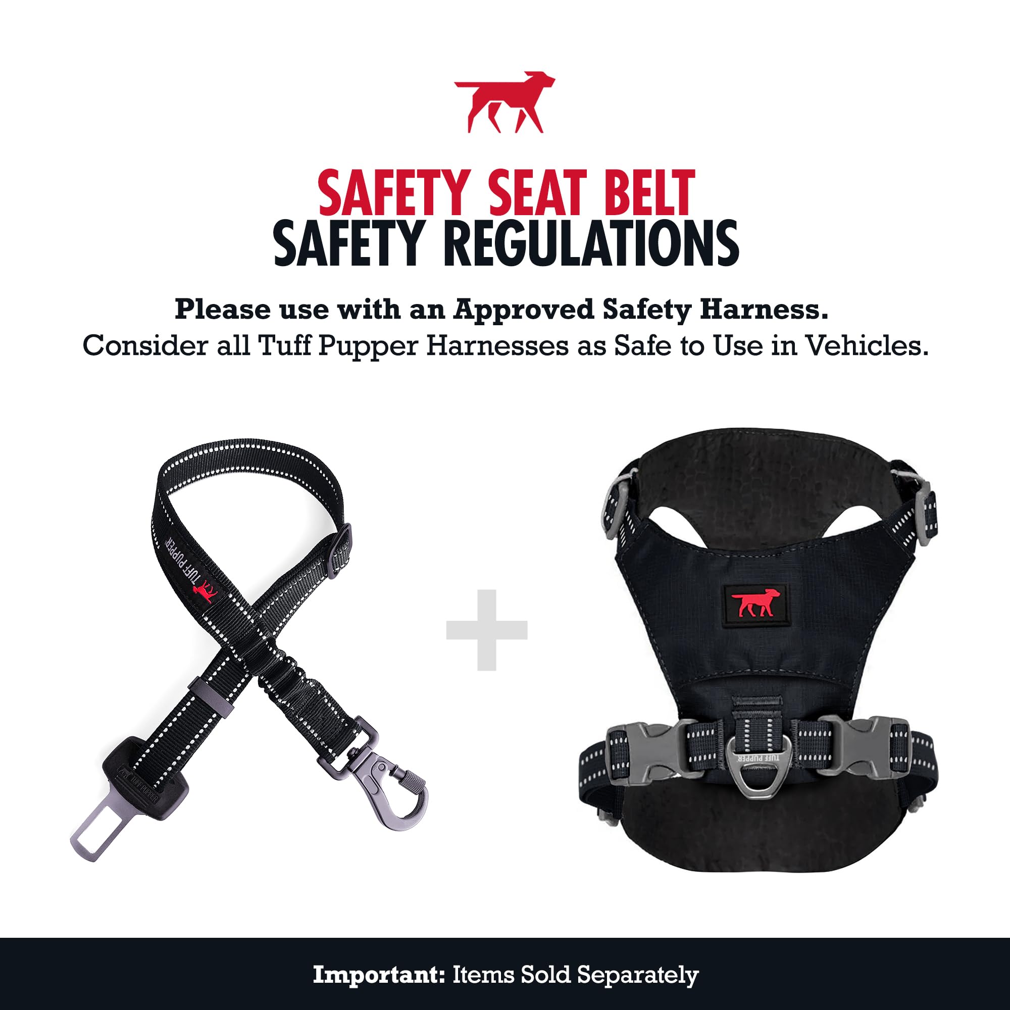 Tuff Pupper Ceinture de sécurité pour chien | Longueur réglable | Mousqueton de verrouillage anti-nœuds | Élastique absorbant les chocs | Coutures réfléchissantes pour plus de visibilité | Ajustement